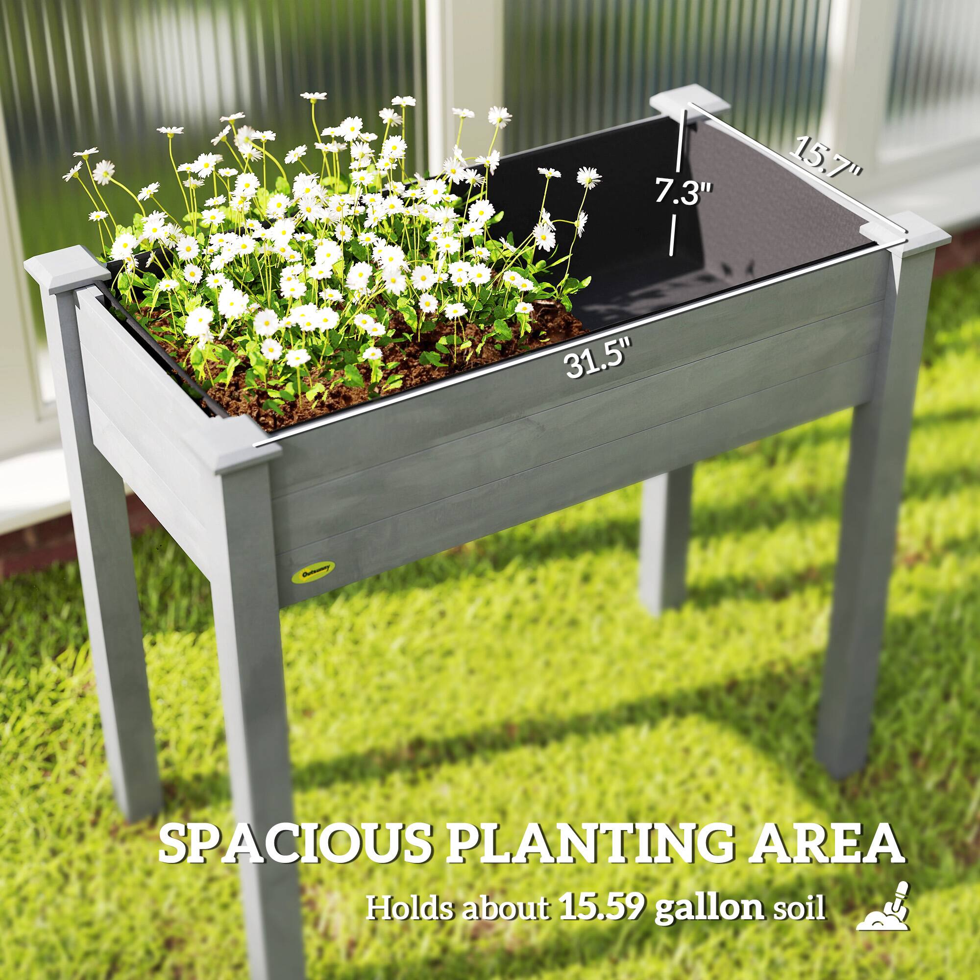 7.3" 15.7" 31.5" - SPACIOUS PLANTING AREA  
Holds about 15.59 gallon soil