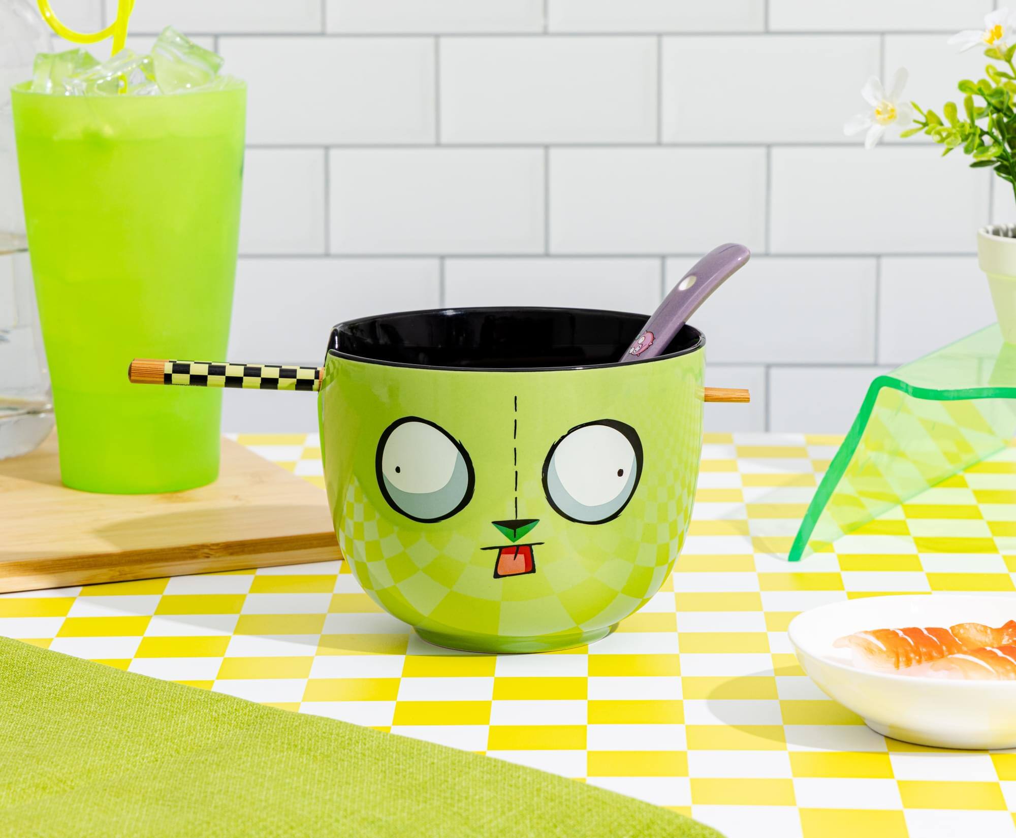 Alt View 3. Silver Buffalo - Invader Zim GIR Ceramic Ramen Bowl, Chopstick, and Spoon Set - Green.