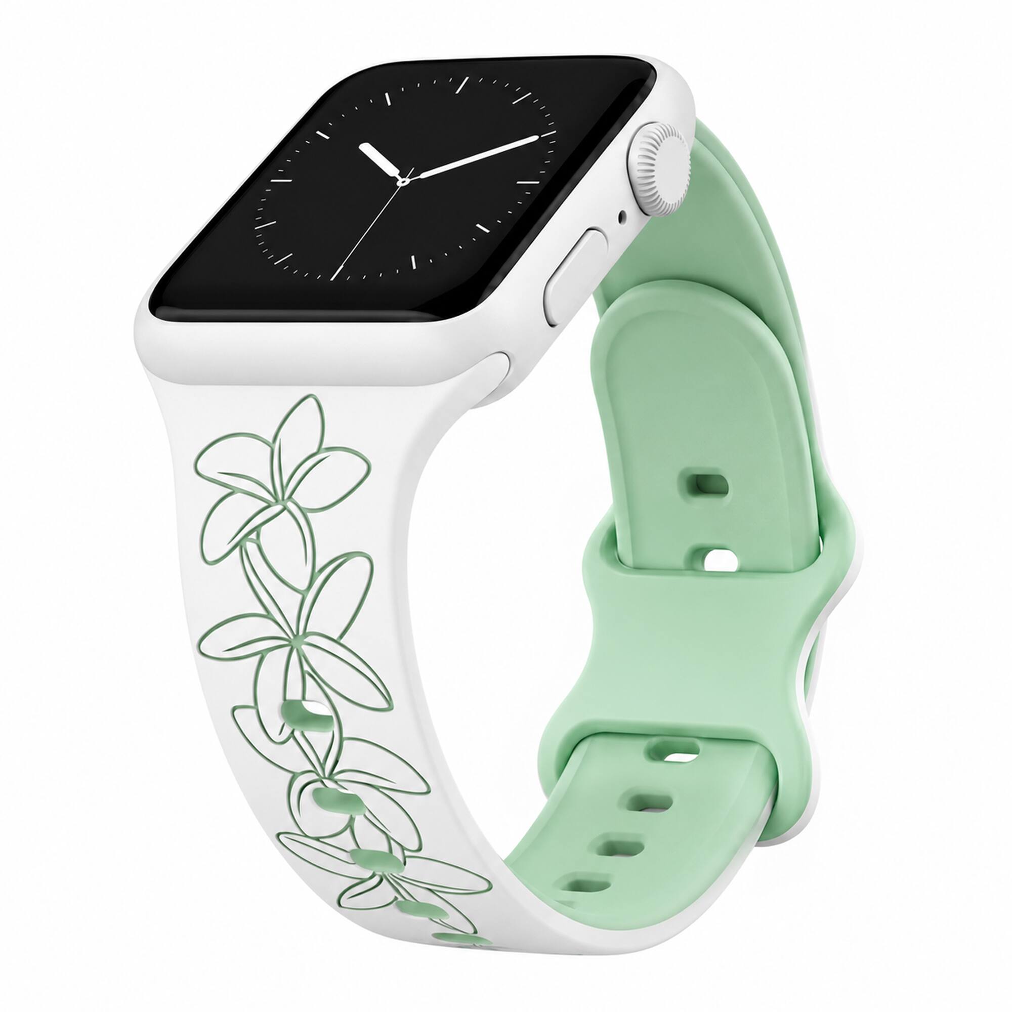 Front. ROXTRO - White to Green Plumeria Engraved Two-Tone Watch Band Apple Watch Compatible SMALL WATCH 38/40/41mm (42mm Series 10 & Up) - White to Green.