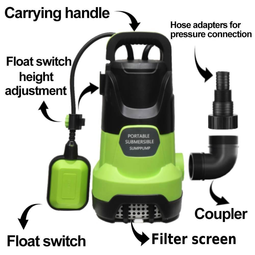 - Carrying handle
- Hose adapters for pressure connection
- Float switch height adjustment
- Float switch
- Coupler
- Filter screen
- Portable Submersible Sump Pump