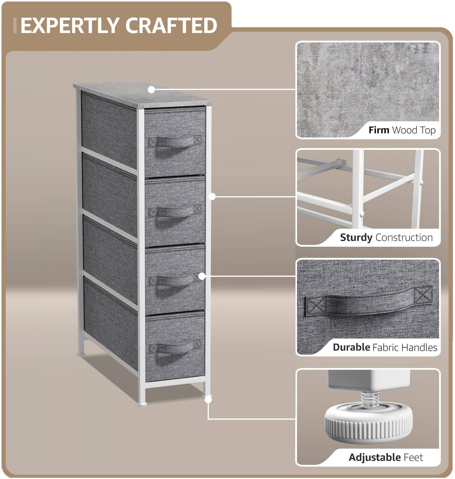 EXPERTLY CRAFTED

- Firm Wood Top
- Sturdy Construction
- Durable Fabric Handles
- Adjustable Feet
