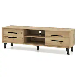 Kadyn - Mid-Century TV Stand for 65-Inch TVs with Sliding Doors, Natural Finish - Brown