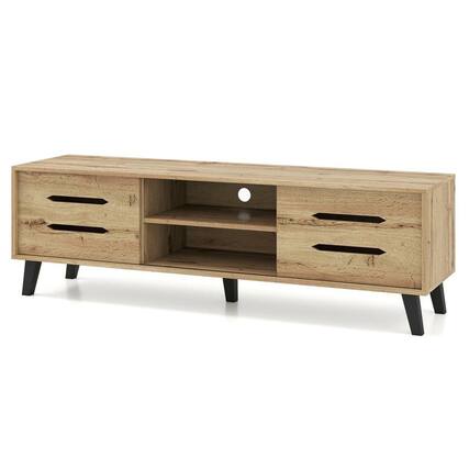 Front. Kadyn - Mid-Century TV Stand for 65-Inch TVs with Sliding Doors, Natural Finish - Brown.