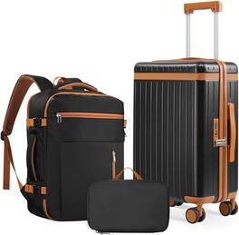 Quick Deer - 3 Piece Carry On Luggage Set with 20" Suitcase, 36L Travel Backpack with 180° Opening and Waterproof Toiletry Bag - Black & Brown