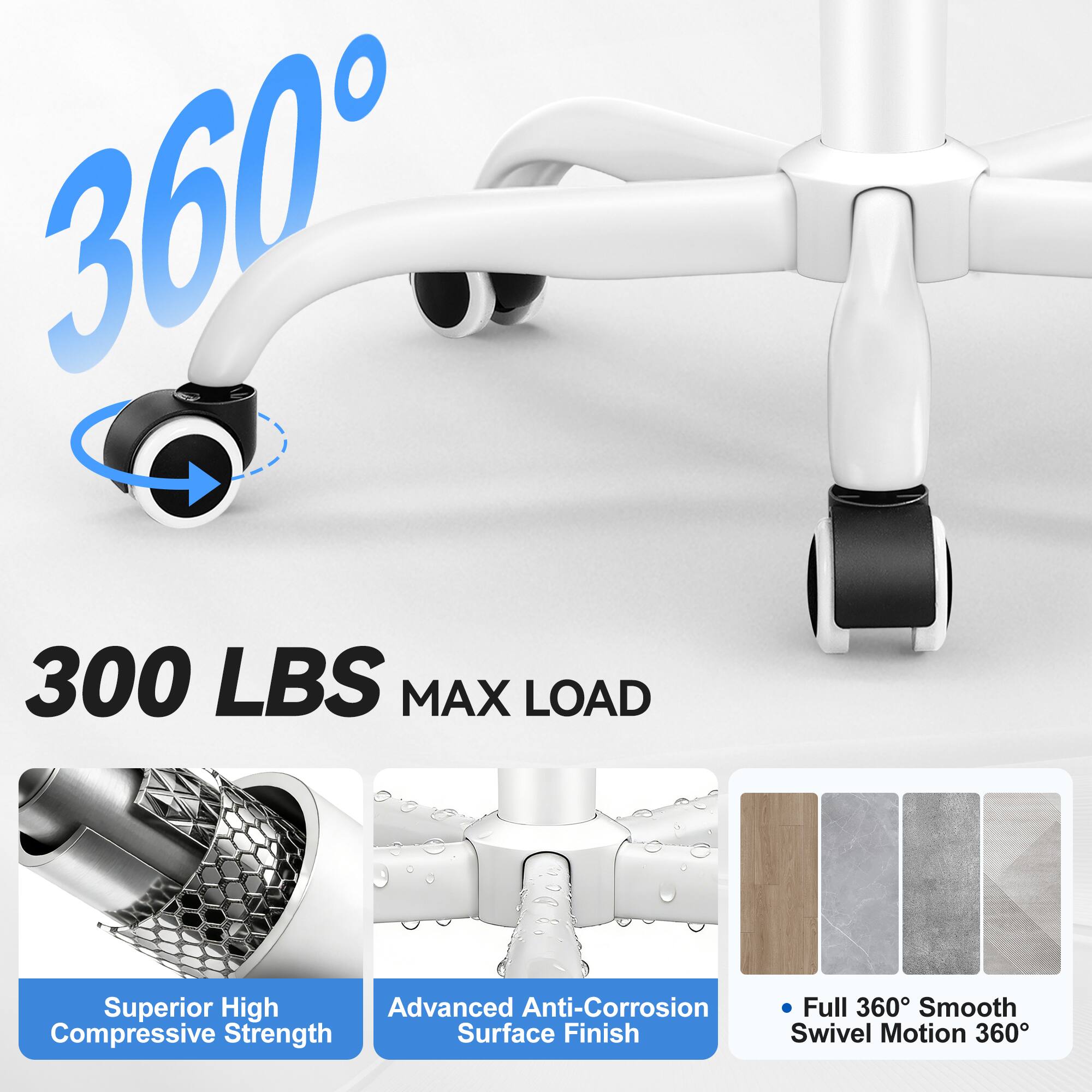 360°

300 LBS MAX LOAD

Superior High Compressive Strength

Advanced Anti-Corrosion Surface Finish

Full 360° Smooth Swivel Motion