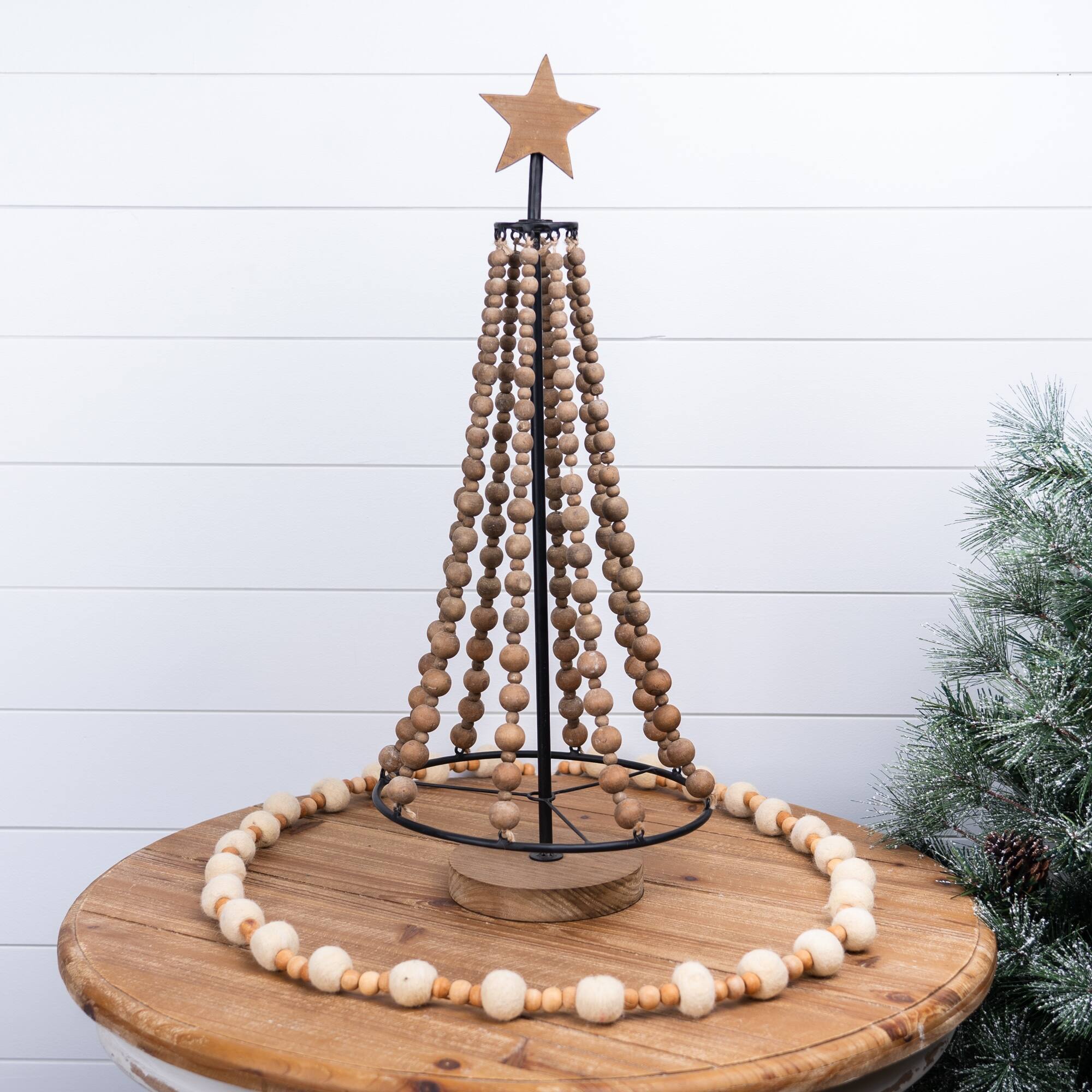 Angle. BreeBe - Beaded Wood Holiday Tree 25"H - Brown, Black.