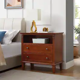Loheer - Nightstand With Charging Station, Two Drawer Bedside Table With Open Shelf - Walnut