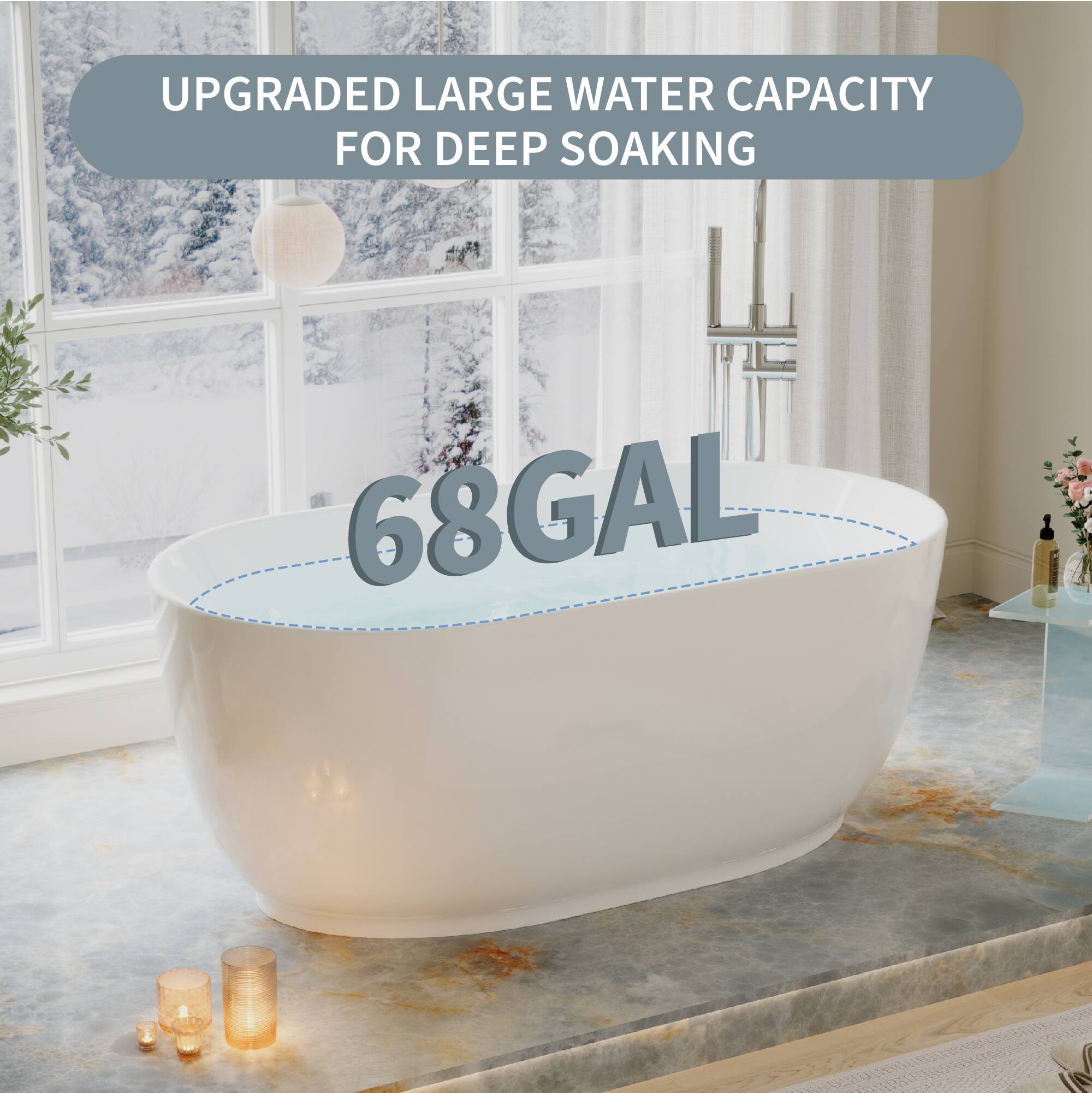 UPGRADED LARGE WATER CAPACITY FOR DEEP SOAKING  
68GAL