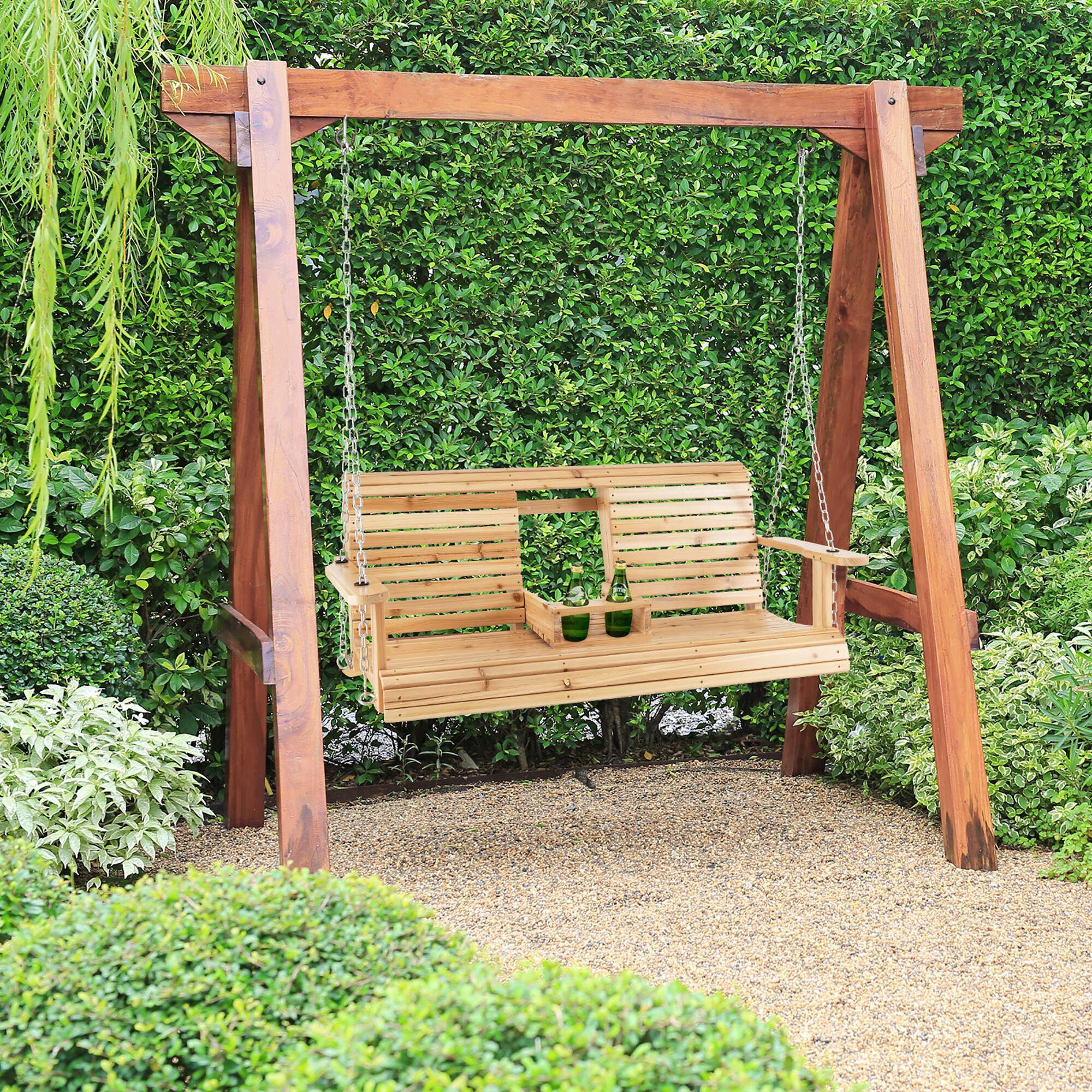 Alt View 1. Costway - Costway 2-seat Wood Swing Bench with Folding Cup Holder and Sturdy Metal Hanging Chains - Natural.