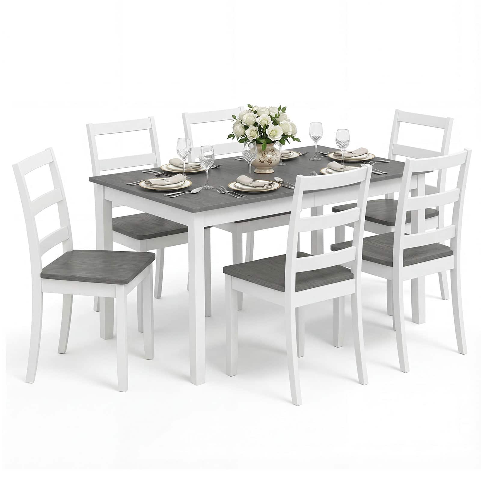 Gymax - 7-Piece Dining Set Solid Wood Kitchen Furniture w/ Rectangular Table & 6 Chairs - Brown