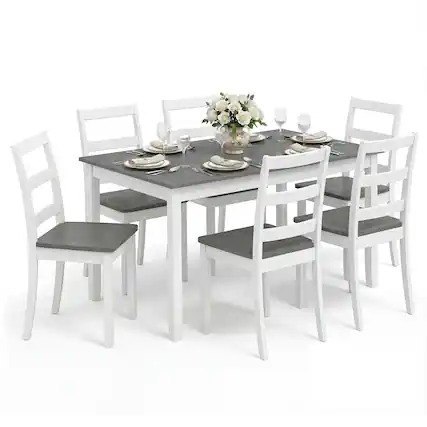 Front. Gymax - Gymax 7-Piece Dining Set Solid Wood Kitchen Furniture w/ Rectangular Table & 6 Chairs - Brown.