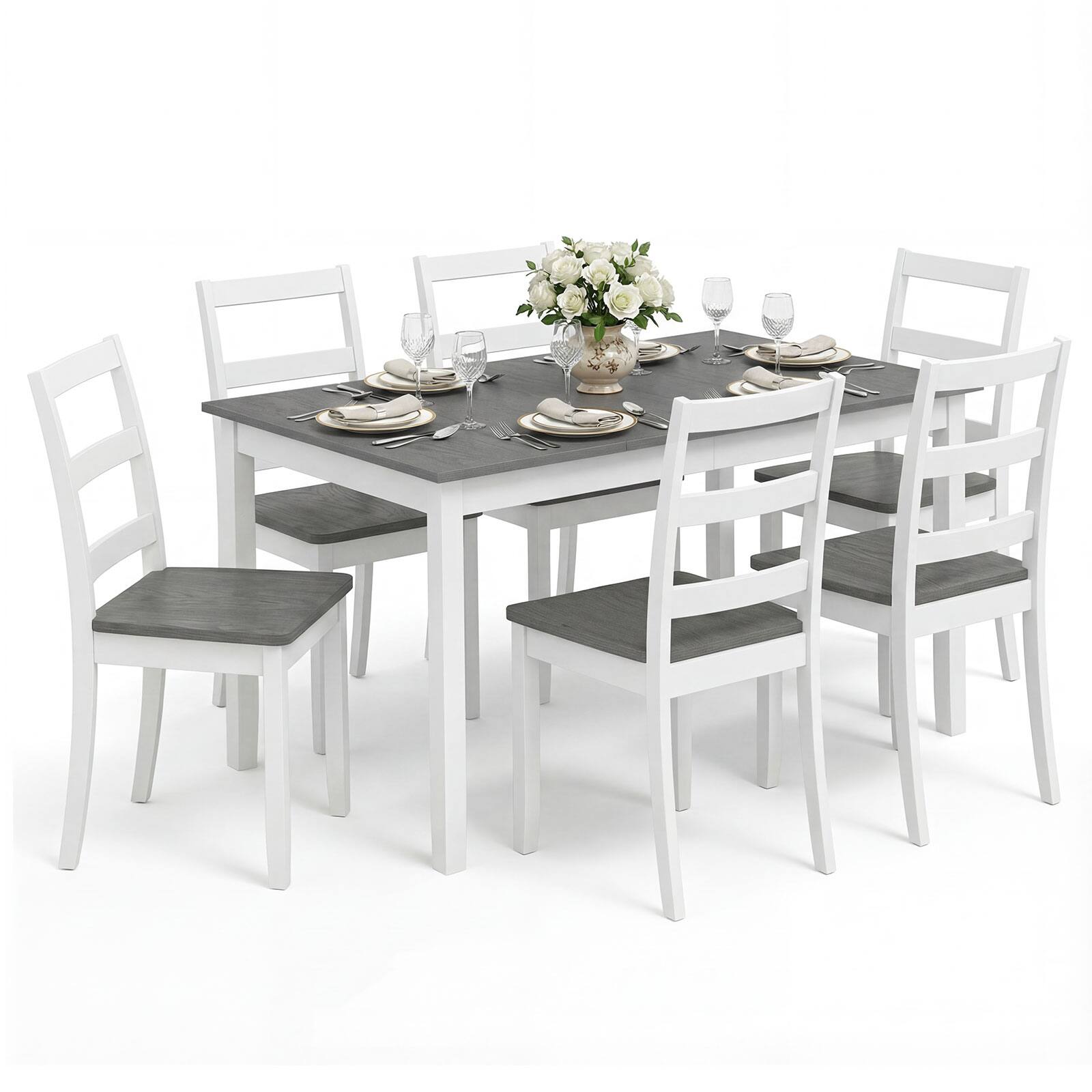 Front. Gymax - Gymax 7-Piece Dining Set Solid Wood Kitchen Furniture w/ Rectangular Table & 6 Chairs - Brown.