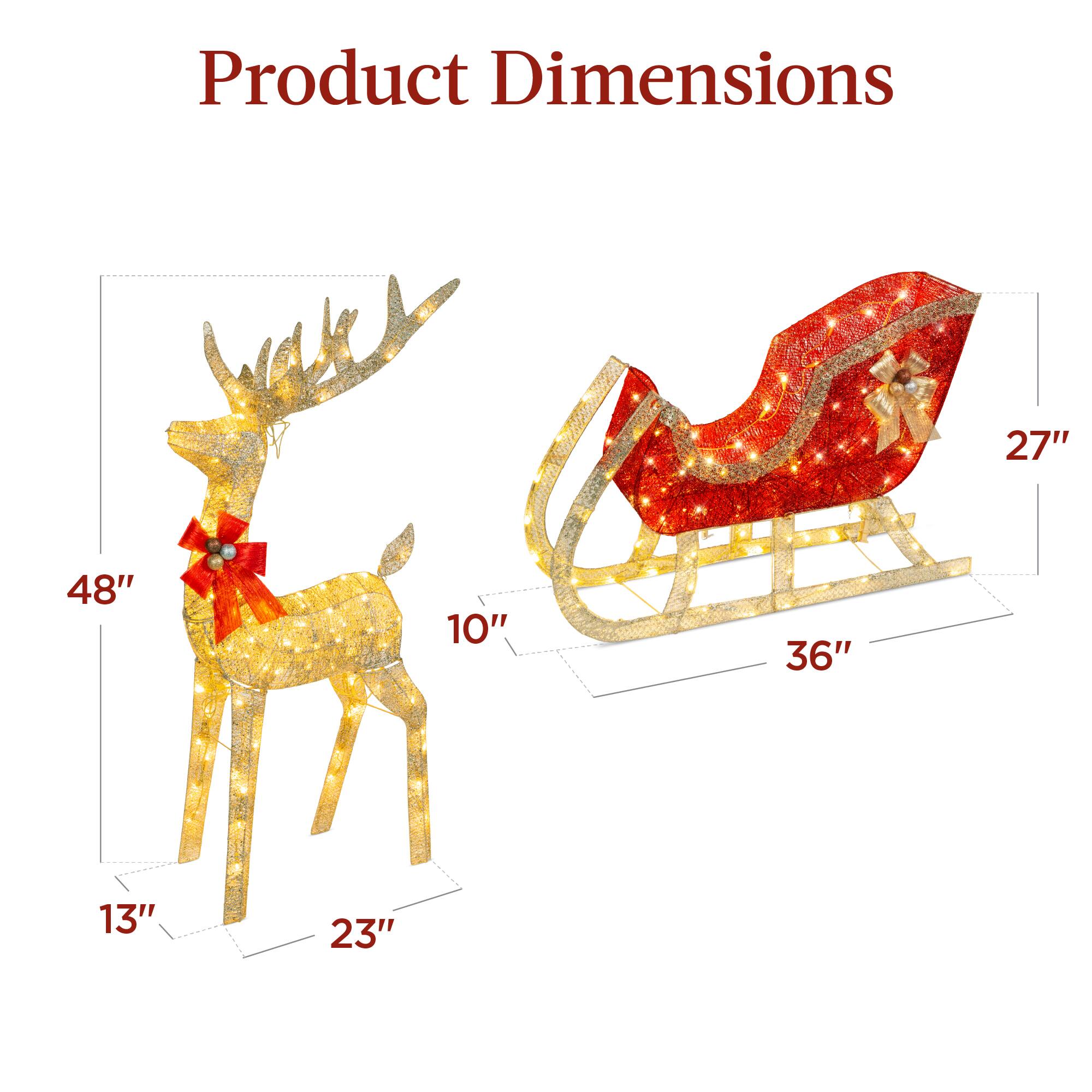 Product Dimensions

- Deer: 48" (height), 23" (width), 13" (depth), 10" (antler height)
- Sleigh: 36" (width), 27" (height)