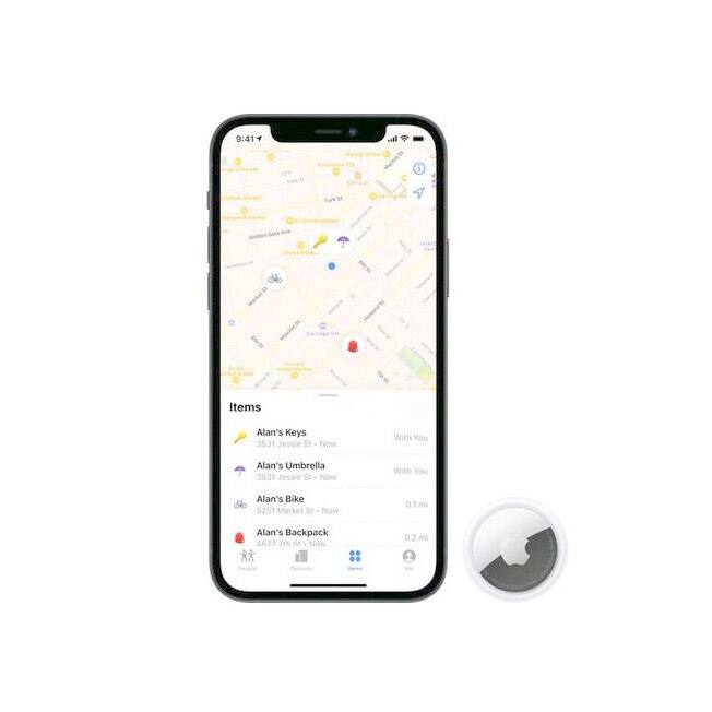 9:41

Items
Alan's Keys 3531 Jussia St - Now With You
Alan's Umbrella 3531 Jessia St - Now With You
Alan's Bike 5251 Market St - Now 0.1ml
Alan's Backpack 4672 New 0.2ml