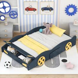 Loheer - Full Size Race Car Bed with Storage Wheels Dark Blue - Dark Blue+Yellow