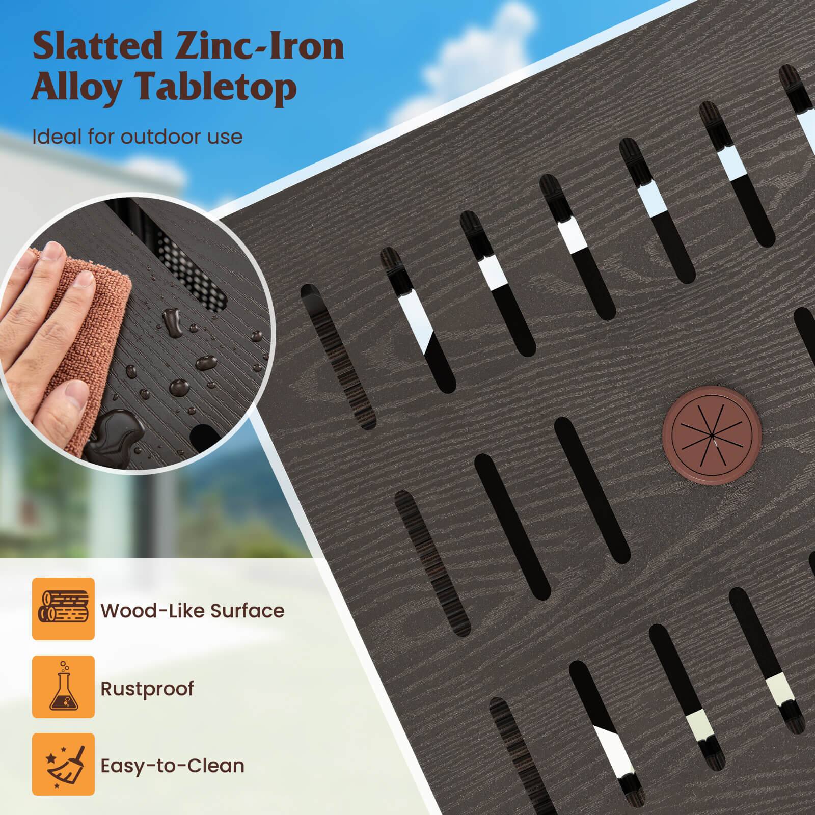 Slatted Zinc-Iron Alloy Tabletop
Ideal for outdoor use
Wood-Like Surface
Rustproof
Easy-to-Clean