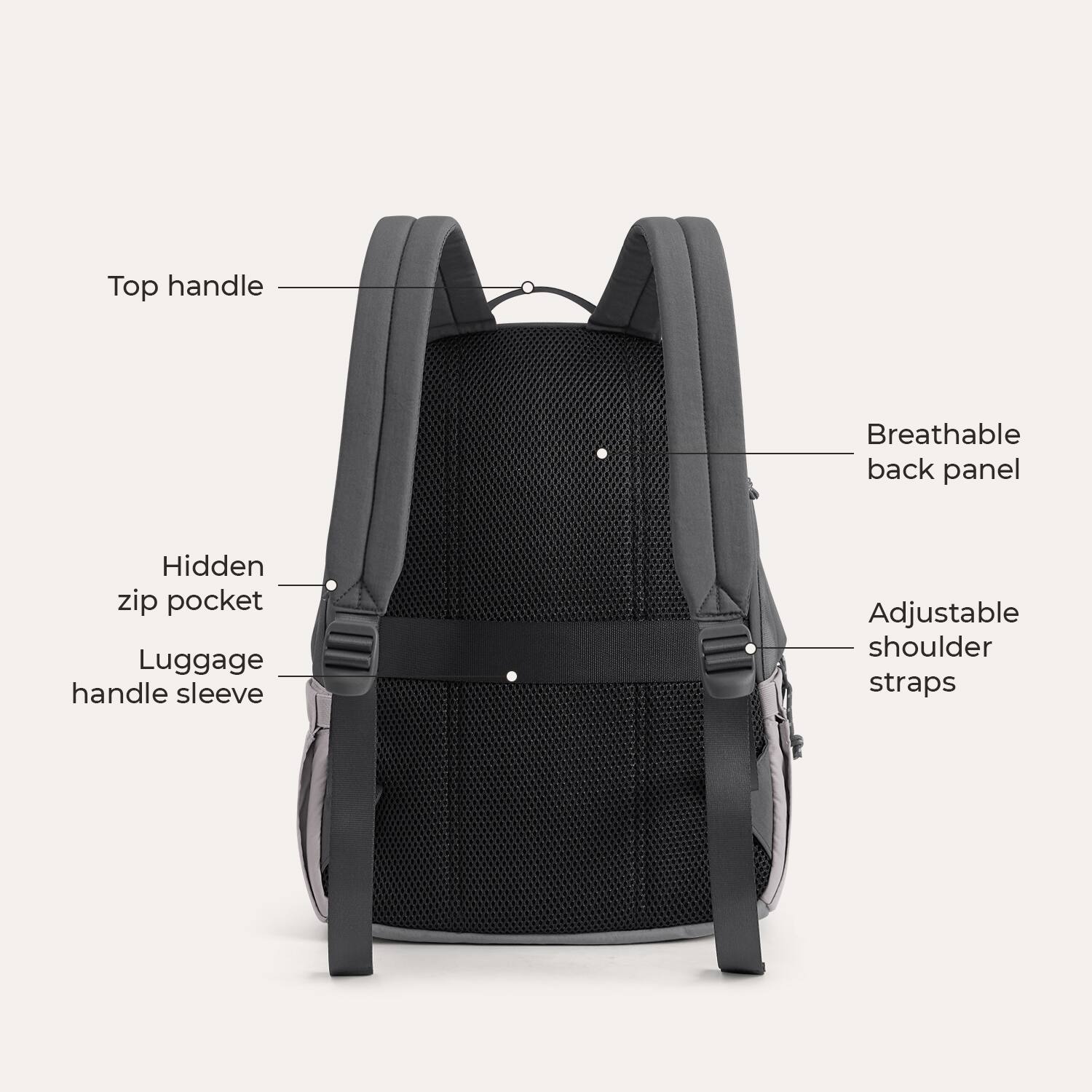Top handle  
Breathable back panel  
Hidden zip pocket  
Luggage handle sleeve  
Adjustable shoulder straps