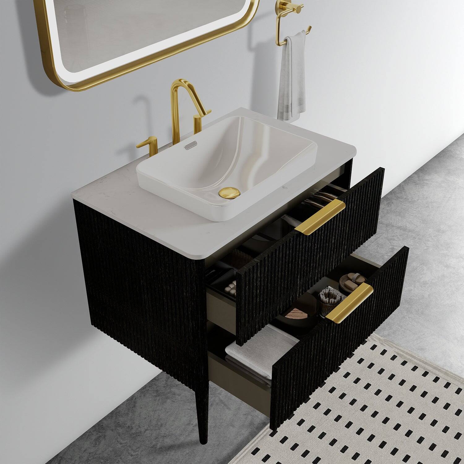 Alt View 2. Boyel Living - 30 Inch Striped Black Oak Bathroom Vanity with Ceramic Sink, Freestanding Design, Modern Style, Pre-Assembled - Black.