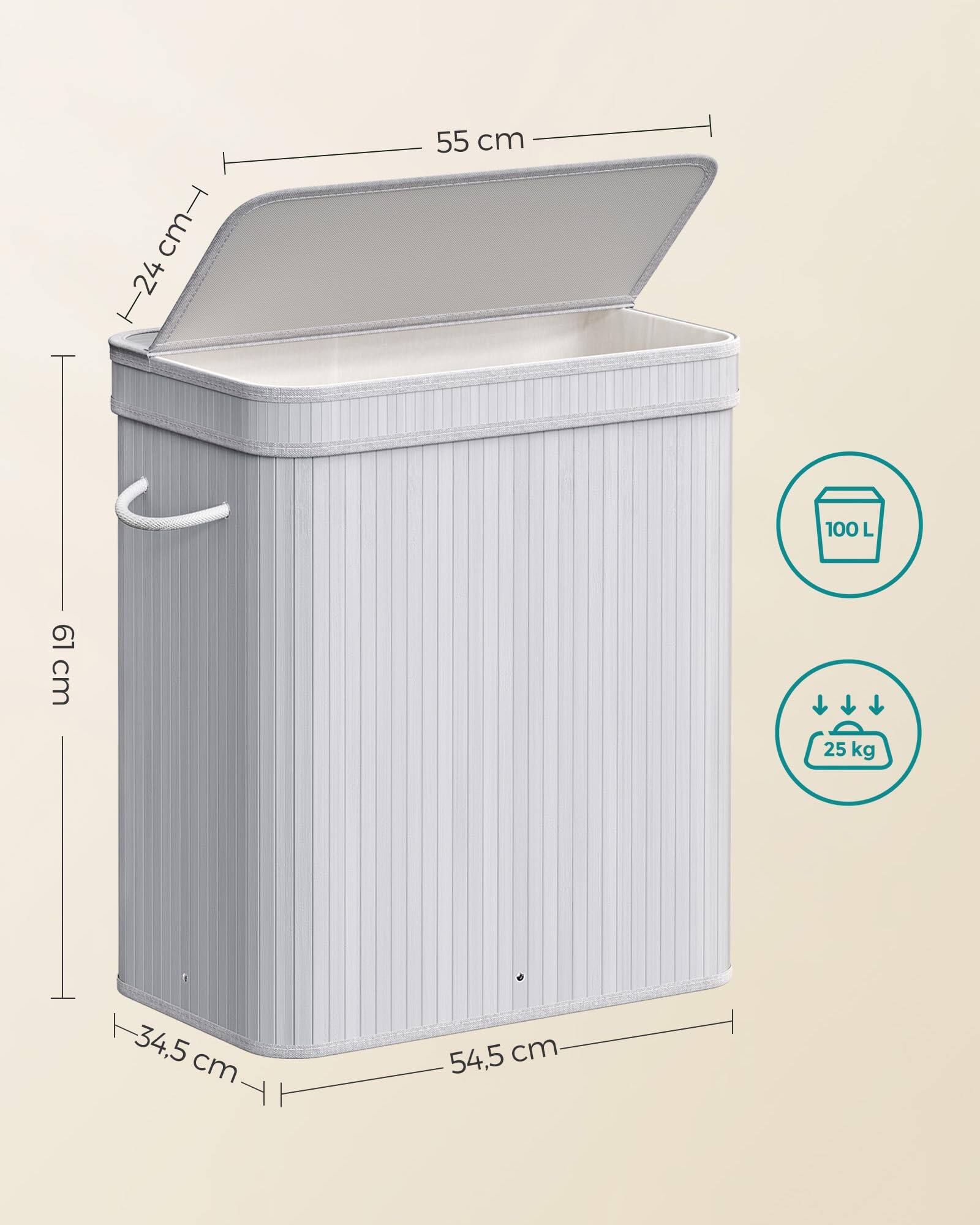 - Height: 61 cm
- Width: 54.5 cm
- Depth: 34.5 cm
- Lid Height: 24 cm
- Lid Width: 55 cm
- Capacity: 100 L
- Weight Capacity: 25 kg
