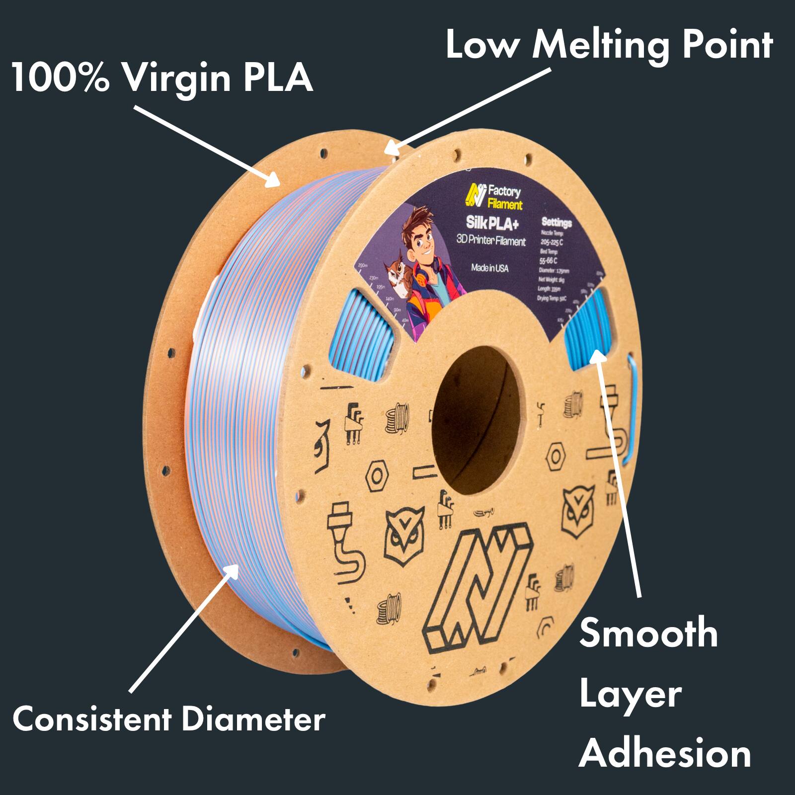 100% Virgin PLA  
Low Melting Point  
Consistent Diameter  
Smooth Layer Adhesion  

Factory Filament  
Silk PLA+  
3D Printer Filament  
Made in USA  

Settings:  
205-225°C  
50-60 mm/s  
0.4 mm nozzle  
Layer height: 0.1-0.3 mm  
Retract: 6 mm  
Speed: 60 mm/s  
Cooling: On