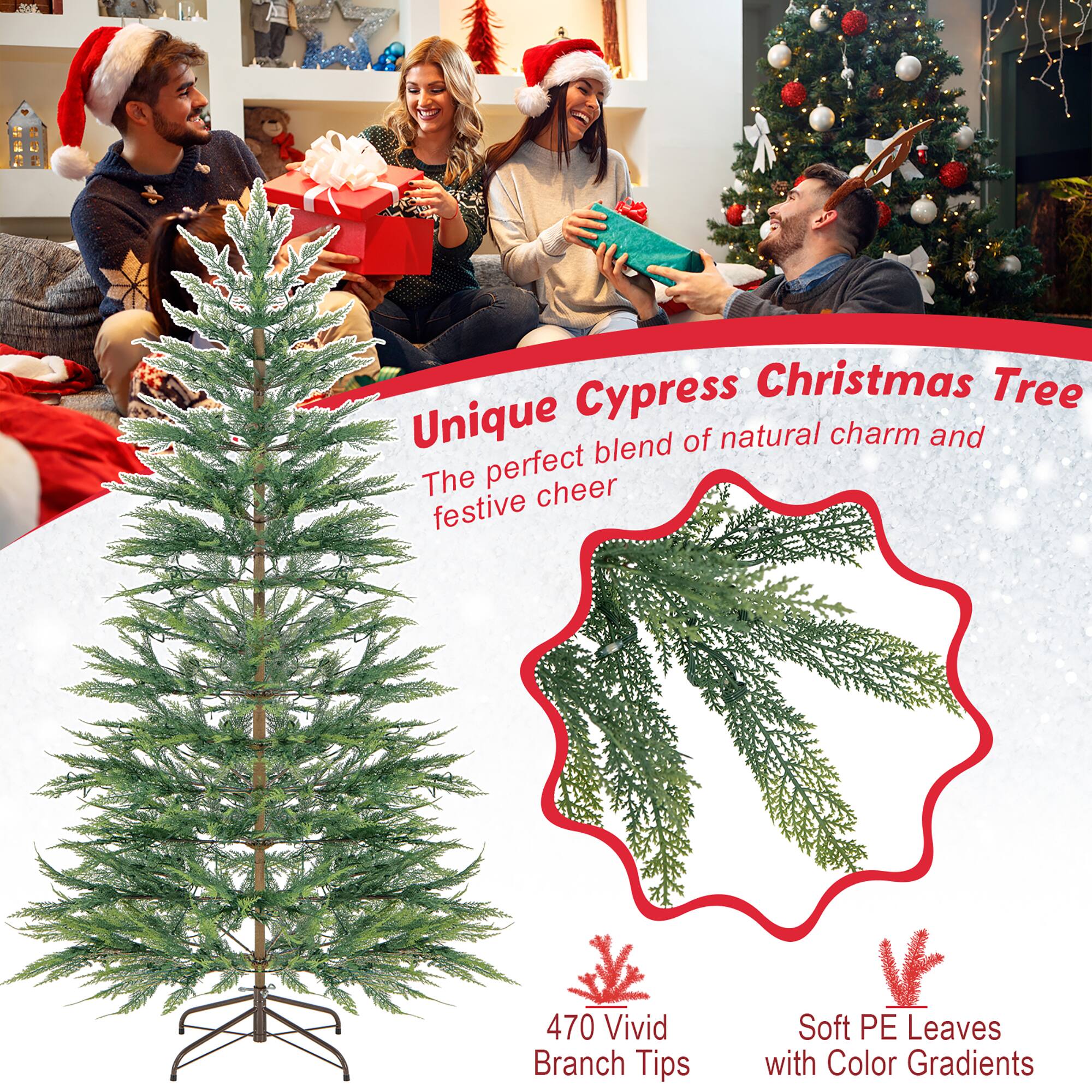 Unique Cypress Christmas Tree  
The perfect blend of natural charm and festive cheer  

470 Vivid Branch Tips  
Soft PE Leaves with Color Gradients