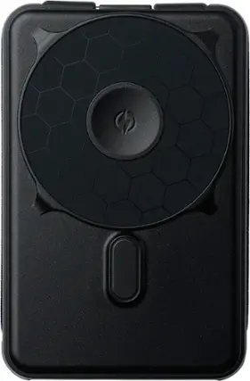 Front. The Ridge Wallet - MAGSAFE POWER BANK 10,000mAh 20w 5-in-1 with integrated lightning and USB-C cables, Apple Watch charging, and Kickstand - Black.