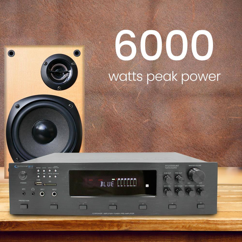 6000 watts peak power

technical pro

HIDO MEANIC ox WAIT

12X500UBT

WASTERVOLUME

AAUTH COLORIES

SUB OUT

PRE OUT

POWER KP1

USB MCI

MIC2

BL 3U

MICUOL MIC BASS MC TREBLE MIC ECHO

PROTECTION

123PEAKEX 12 AMPLIFIER.ITUNER/PRE-AMPUFIER