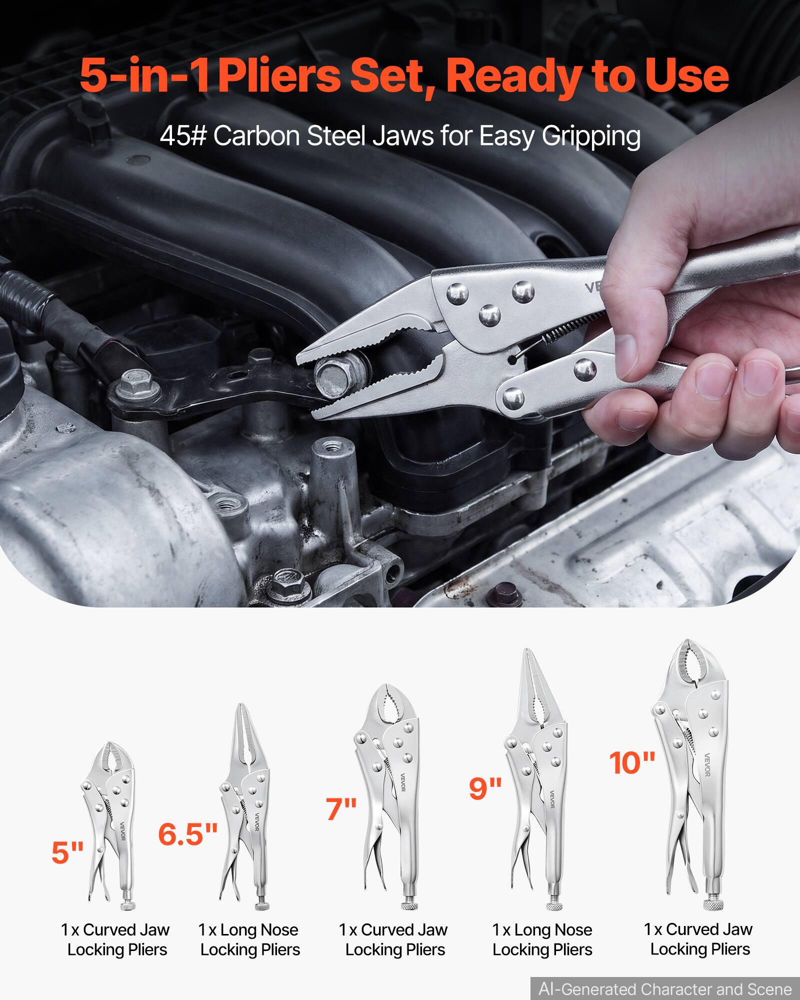 5-in-1 Pliers Set, Ready to Use  
45# Carbon Steel Jaws for Easy Gripping

5"  
6.5"  
7"  
9"  
10"  

1 X Curved Jaw Locking Pliers  
1 X Long Nose Locking Pliers  
1 X Curved Jaw Locking Pliers  
1 X Long Nose Locking Pliers  
1 X Curved Jaw Locking Pliers  

AI-Generated Character and Scene