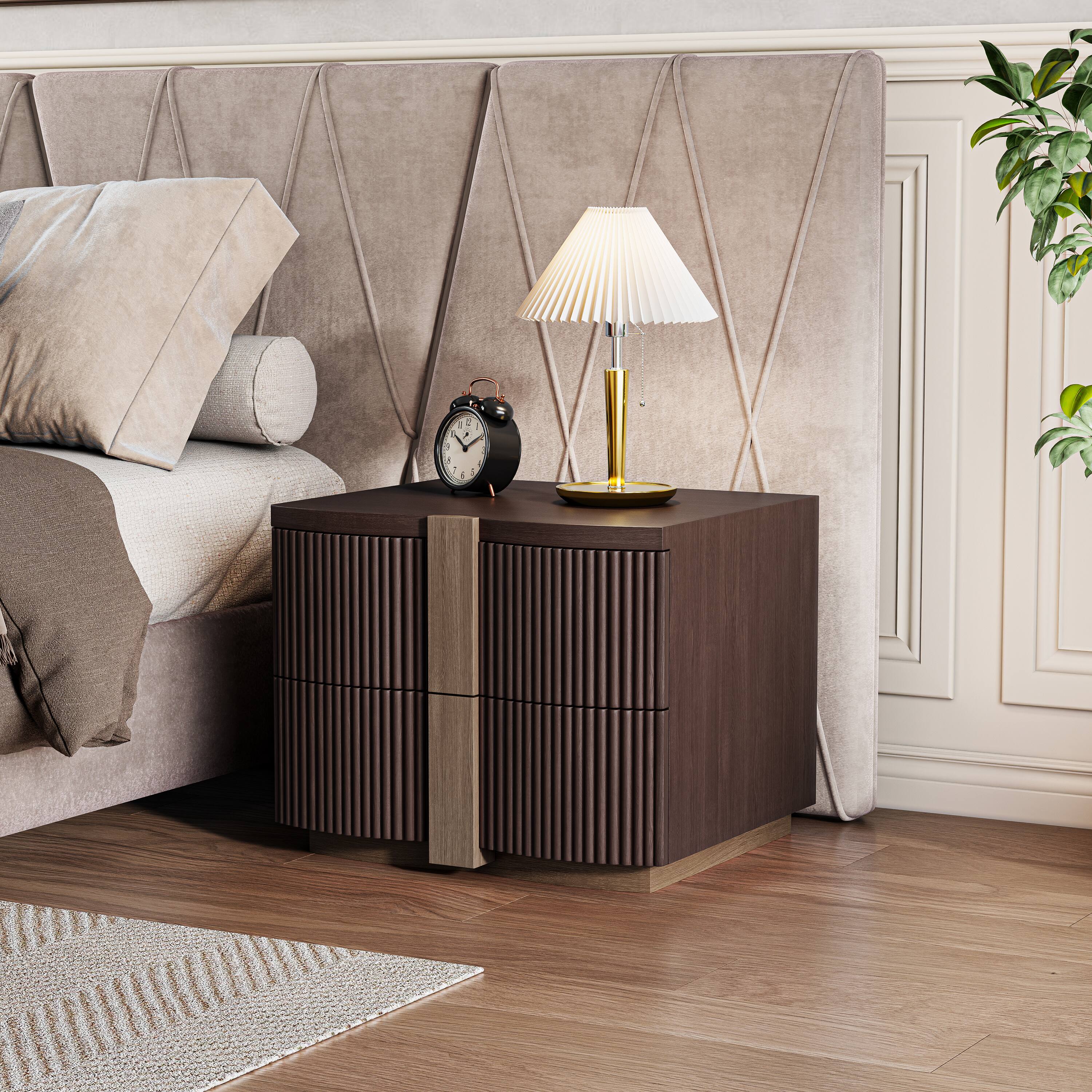 Front. Whisen - 2-Drawer Fluted Nightstand,Fully Assembled Bedside Table with Heavy-Duty Base and Gold Pulls - Dark Brown.
