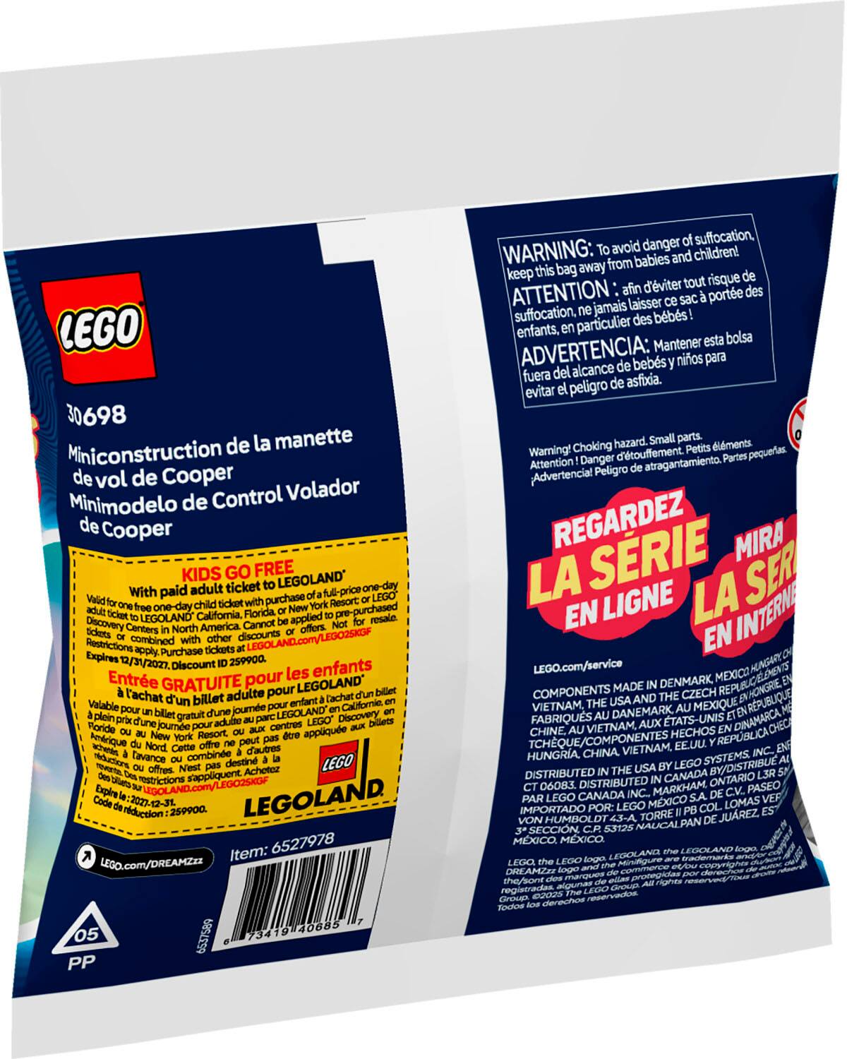 LEGO 30 30698 de la manette Miniconstruction de vol de Cooper Volador Minimodelo de Control de Cooper KIDS GO FREE adult ticket LEGOLAND one-day With paid full-price one-day purchase LEGOLAND California, Florida. applied pre-purchased resale Discovery Centers America. Cannot combined discounts LEGOLAND.com/LEGO2SKGF Restrictions Purchase tickets Explores 12/31/2027. Discount 259900. les enfants Entre GRATUITE pour LEGOLAND l'achat billet adulte pour Valable d'un Californie, gratuit journe LEGOLAND Discovery journe applique Resort. Aerique d'autres rductions lavance combine destin LEGO s'appliquent Achetez restrictions Expire 259900. Item: 6527978 LEGO.COm/DREAMZIZ 73419 40685 05 6537589 PP avoid danger suffocation, WARNING: from babies children! keep bag away d'viter risque ATTENTION laisser porte suffocation, jamais bbs! enfants, particulier Mantener bolsa ADVERTENCIA: bebs nios para fuera alcance peligro asfixia. evitar hazard. Small parts.
