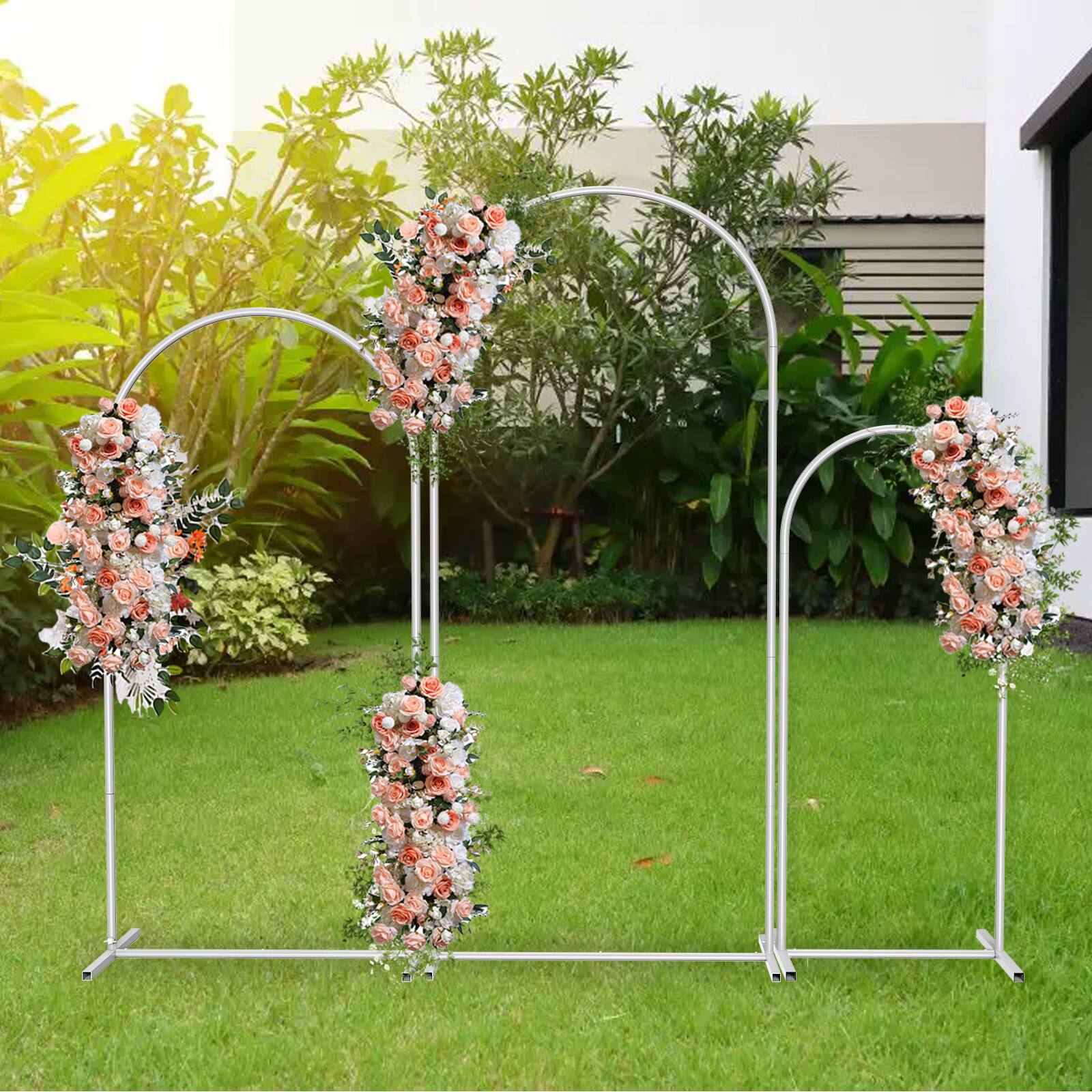 Angle. Oumilen - Set of 3 White Metal Arched Wedding Backdrop Stands (6FT+5FT+4FT) - White.
