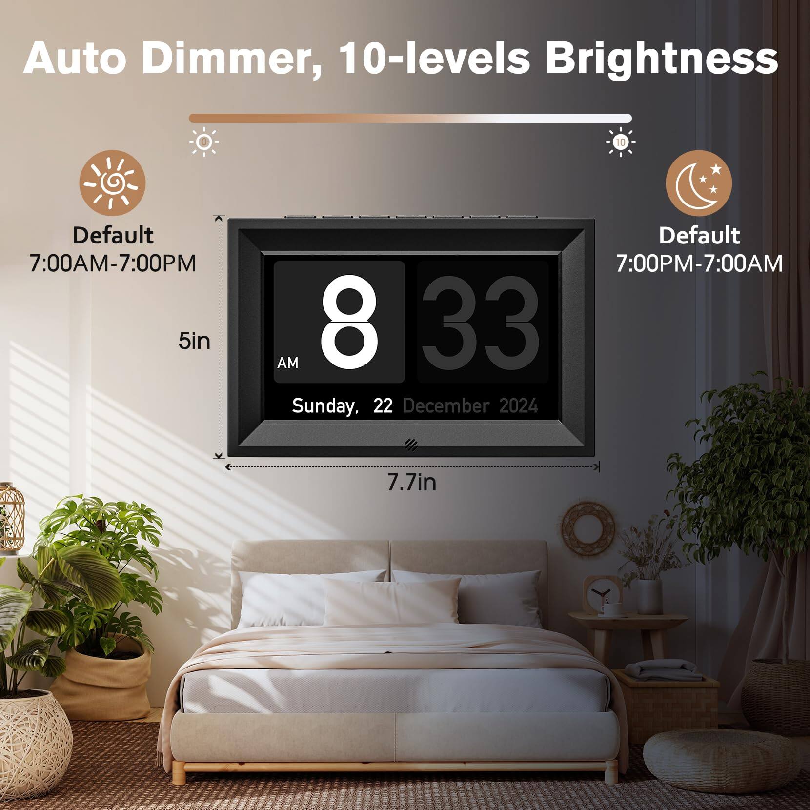 Auto Dimmer, 10-levels Brightness

Default 7:00AM-7:00PM  
Default 7:00PM-7:00AM

5in  
7.7in

Sunday, 22 December 2024
