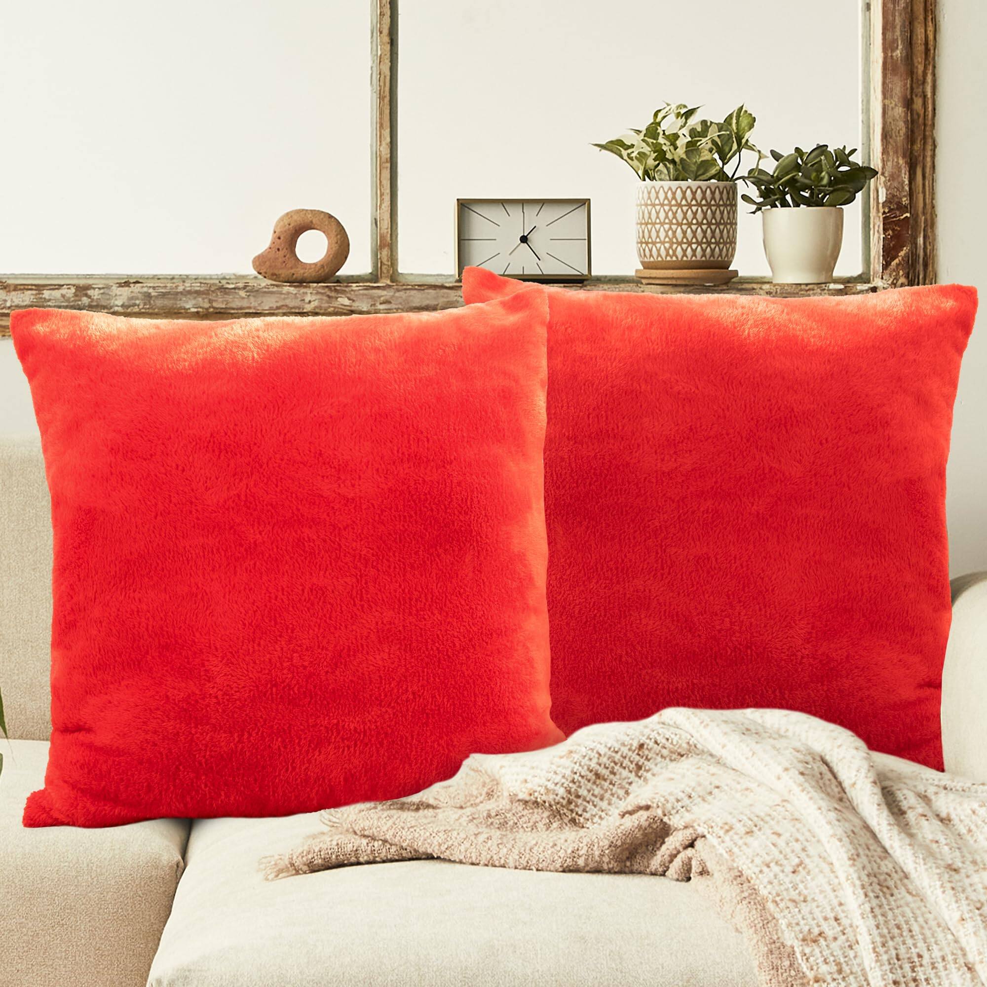 Front. Cheer Collection - Set of 2 Microsherpa Decorative Throw Pillows Soft Plush Accent Cushions - Red.
