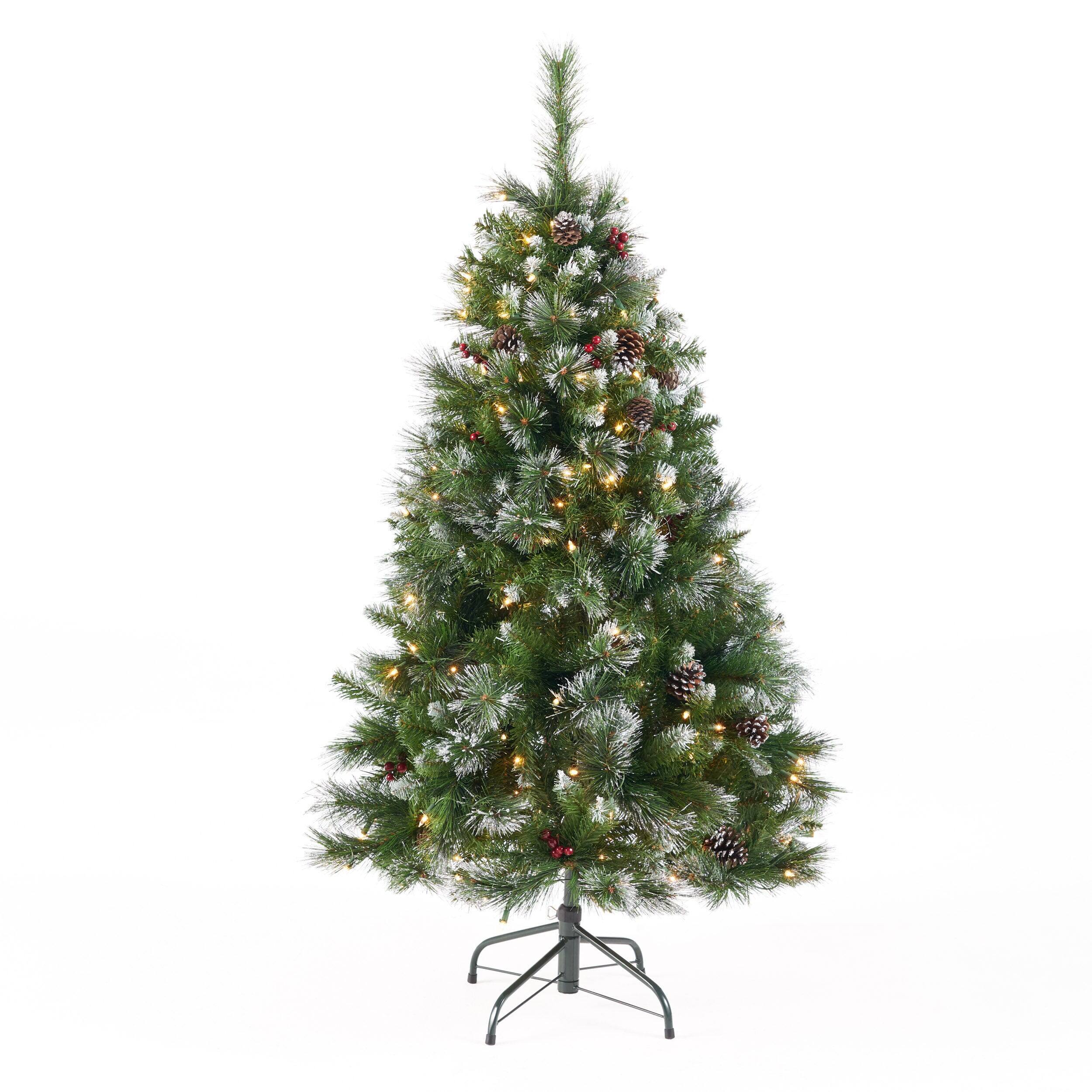 Back. BreeBe - 4.5  ftGlitter Bristle Mixed Hinged Tree with Red Berry and Pine Cones and 200 CL - Green.