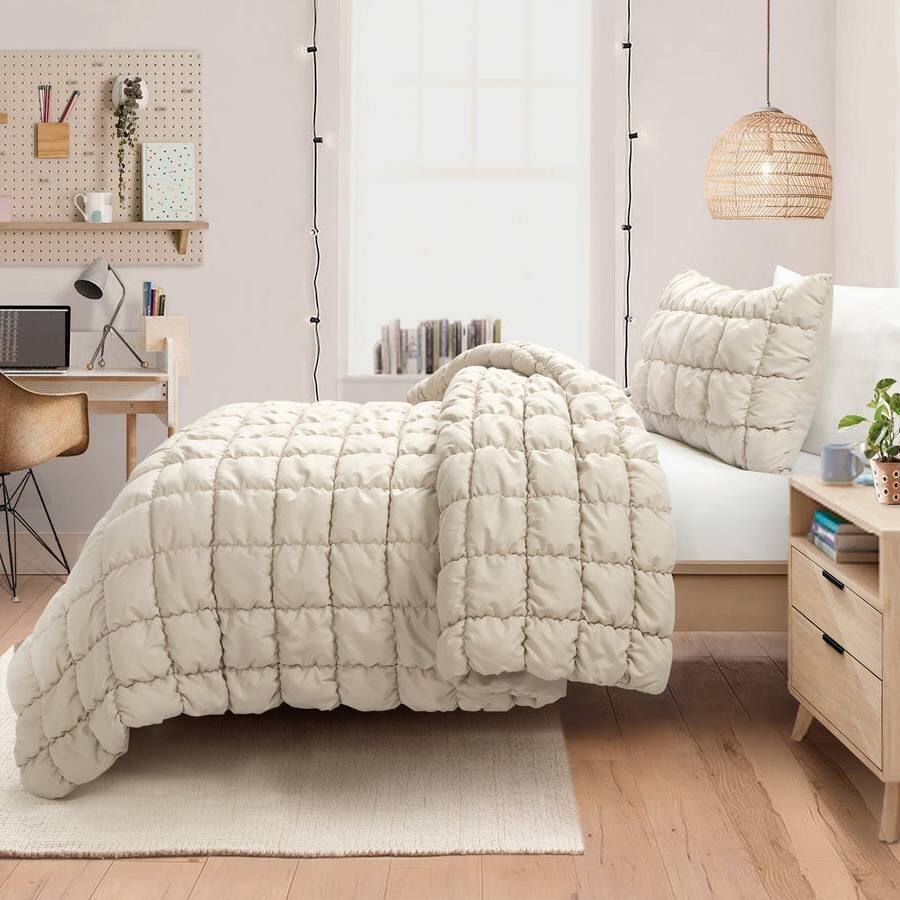 Angle. Hivvago - Twin/XL Soft Lightweight Puff Textured 2-Piece Comforter Set in Neutral Tan - Neutral Tan.