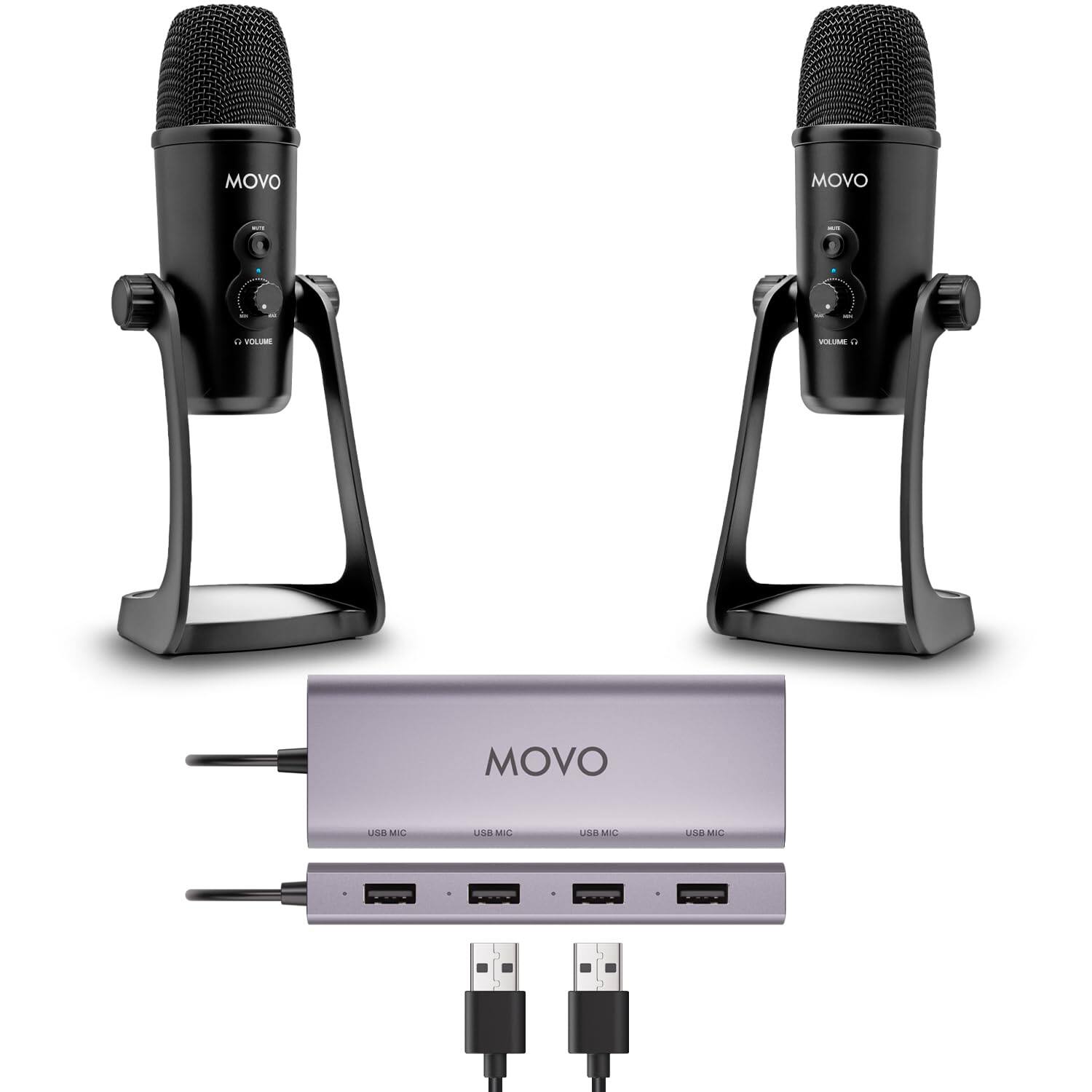 MOVO - USB Podcast Equipment Bundle for 2 with USB Interface with 2 Condenser Microphones