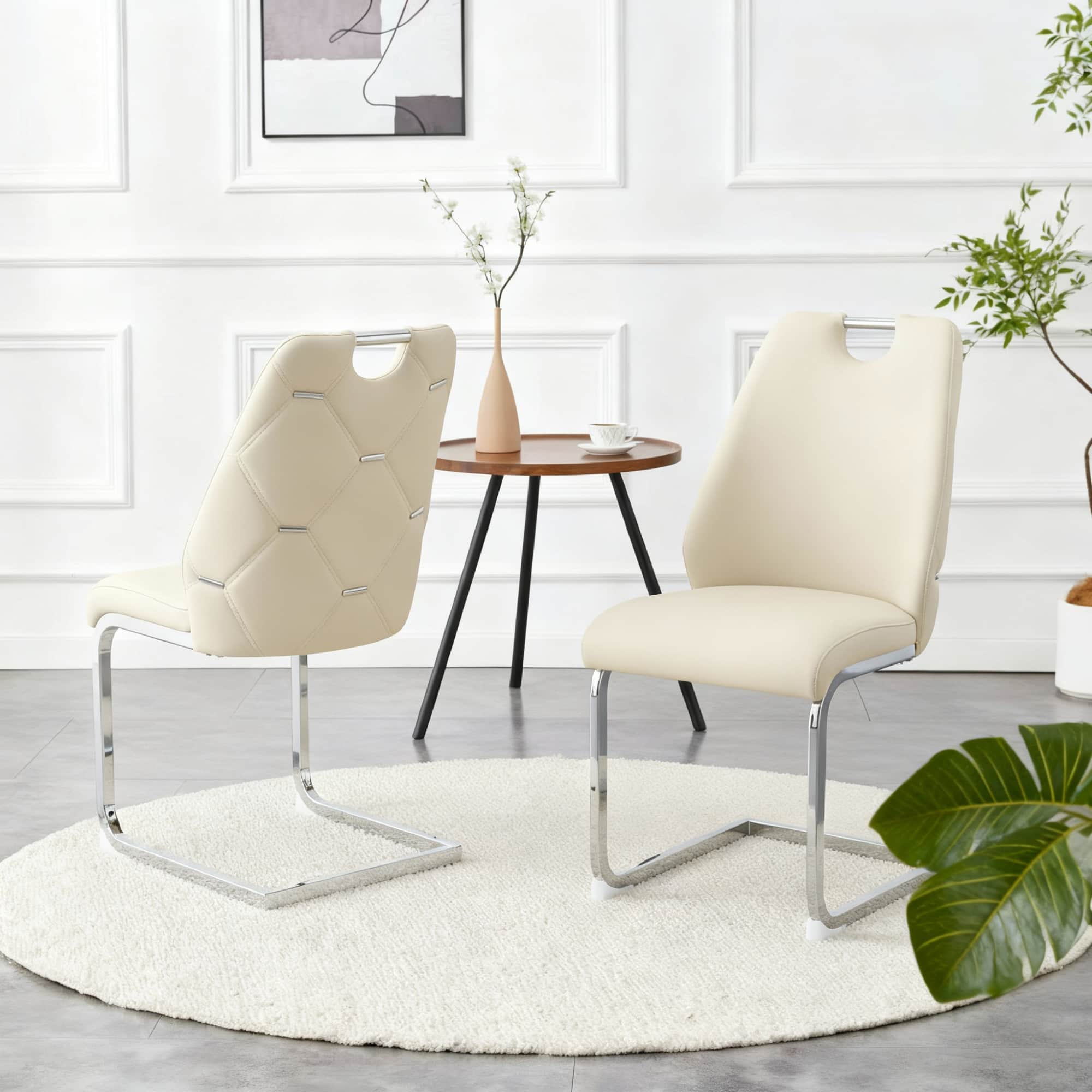 GOODSILO - Set of 2 Modern Upholstered Dining Chairs with Elegant Metal Accents and High-Resilience Foam Cushions - Off White