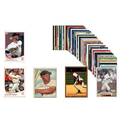 Sure, here is the corrected and grouped text from the image:
- Madison Bumgarner
- Buster Posey
- Harry Bonds
- Brandon Belt
The image shows baseball cards featuring these players.