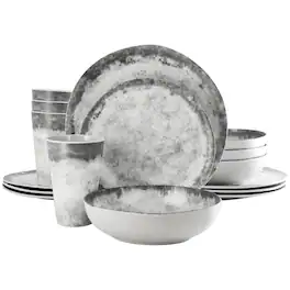 Gibson - Elite Organic Decal 16 Piece Melamine Dinnerware Set - Gray