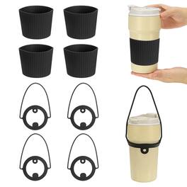 Unique Bargains - Silicone Cup Sleeve, 4pcs Coffee Sleeves with Handle Strap, Heat Resistant Reusable Nonslip for Coffee Tea Drinks - Black
