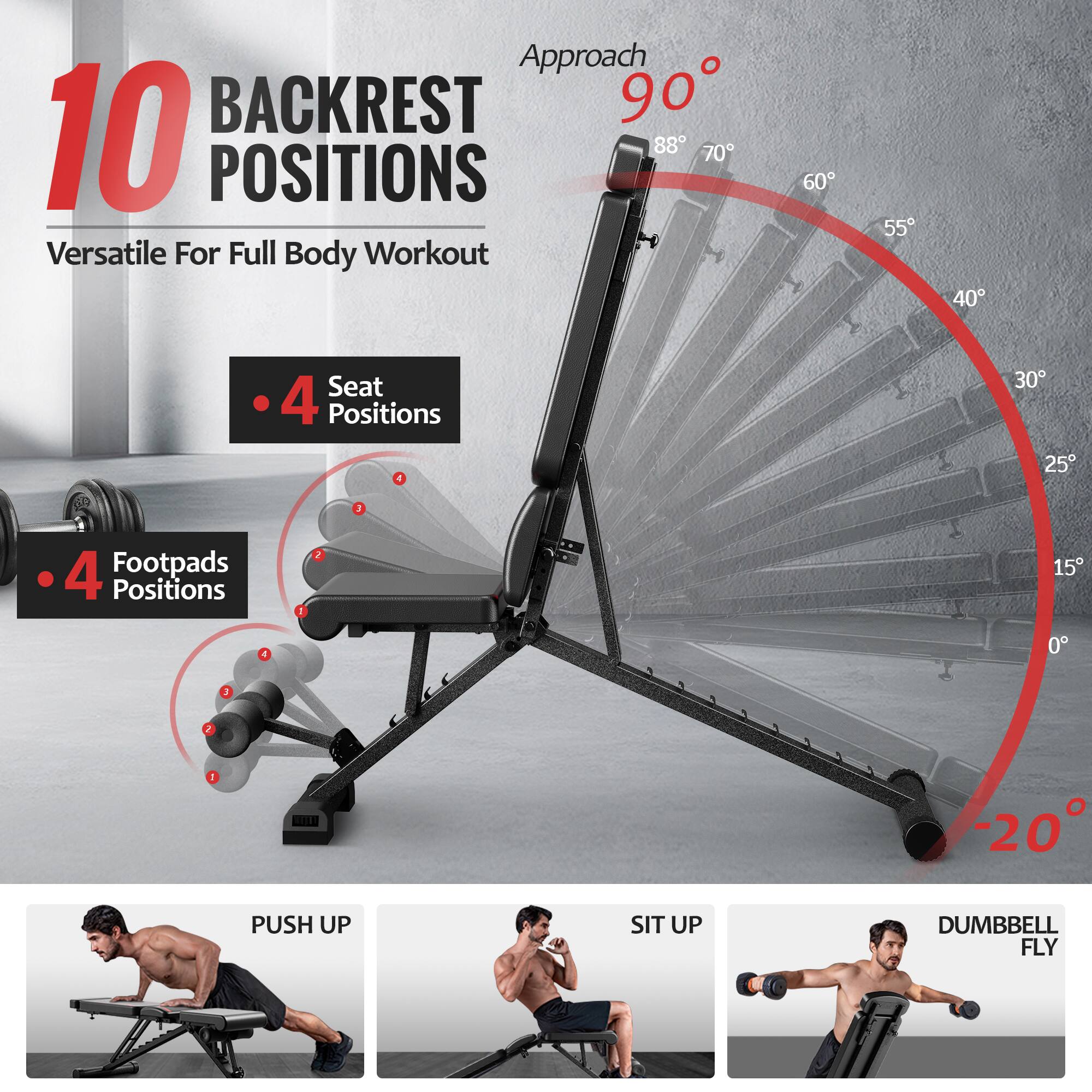 10 BACKREST POSITIONS  
Versatile For Full Body Workout  

- 4 Seat Positions  
- 4 Footpads Positions  

Approach 90°  
88° 70° 60° 55° 40° 30° 25° 15° 0° -20°  

PUSH UP  
SIT UP  
DUMBBELL FLY