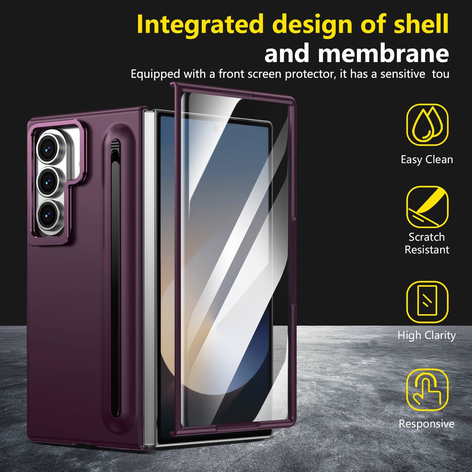 Integrated design of shell and membrane  
Equipped with a front screen protector, it has a sensitive touch  
Easy Clean  
Scratch Resistant  
High Clarity  
Responsive