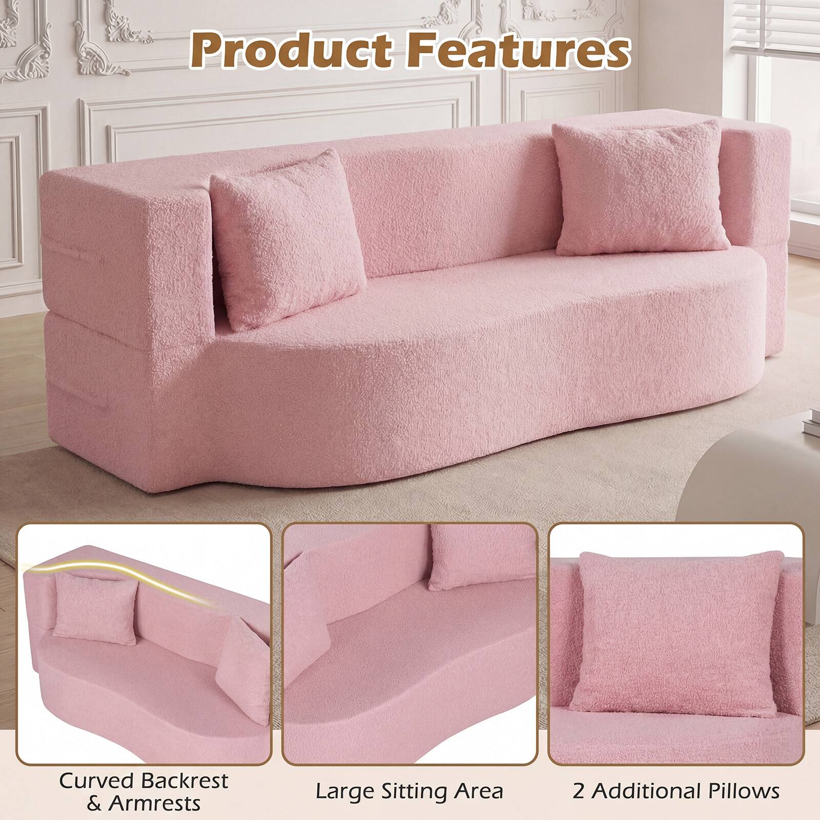 Product Features

- Curved Backrest & Armrests
- Large Sitting Area
- 2 Additional Pillows