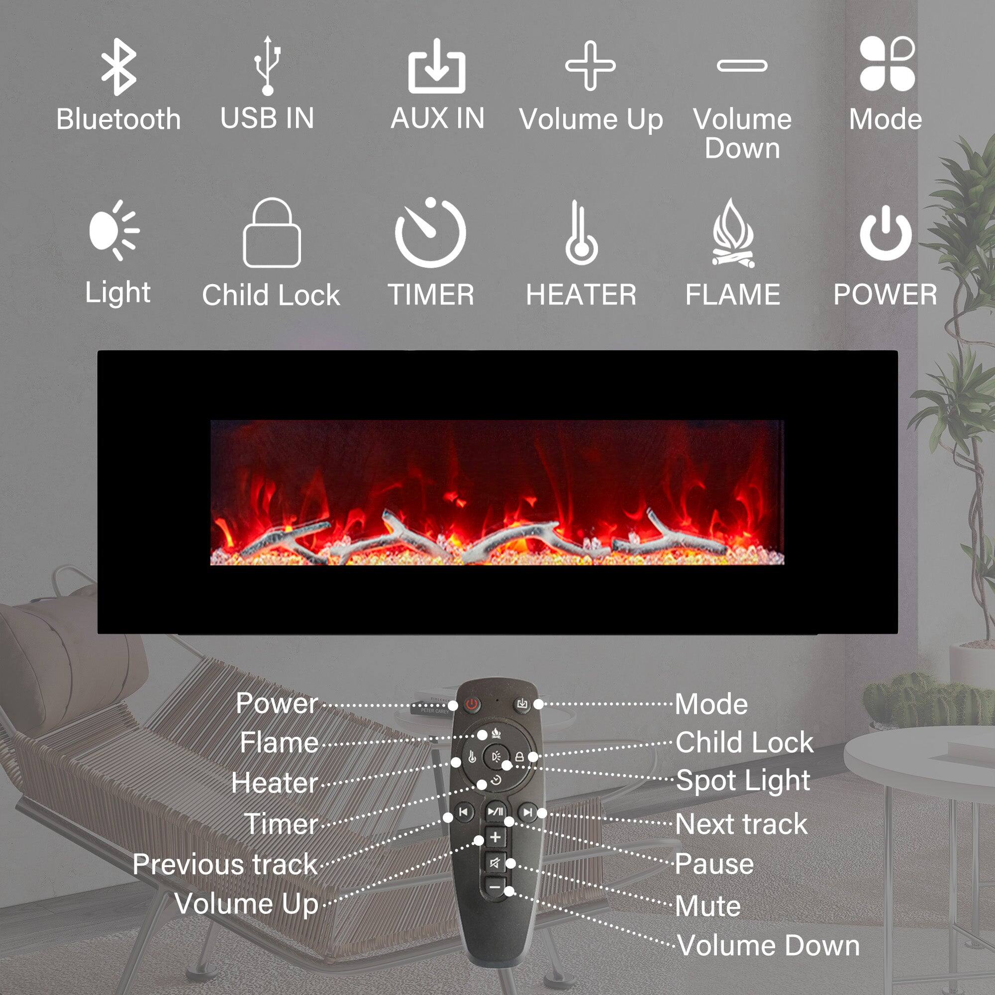 Bluetooth, USB IN, AUX IN, Volume Up, Volume Down, Mode, Light, Child Lock, TIMER, HEATER, FLAME, POWER, Power, Flame, Heater, Timer, Previous track, Volume Up, Mode, Child Lock, Spot Light, Next track, Pause, Mute, Volume Down