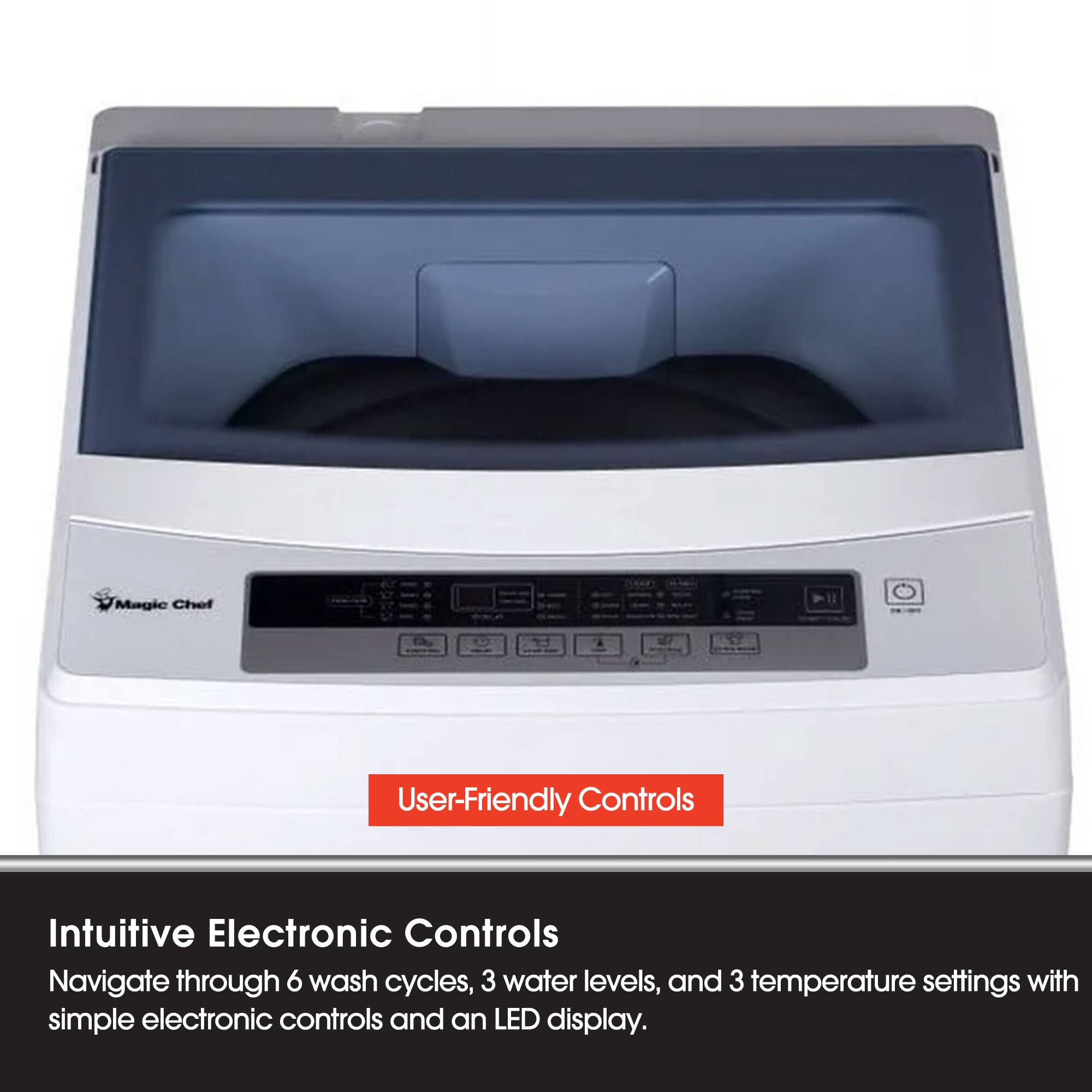 Magic Chef User-Friendly Controls

Intuitive Electronic Controls

Navigate through 6 wash cycles, 3 water levels, and 3 temperature settings with simple electronic controls and an LED display.