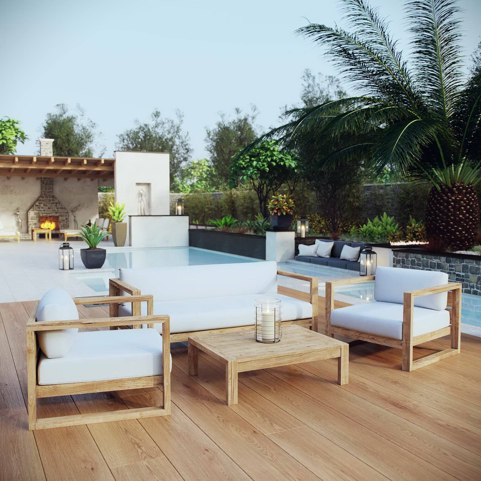 Alt View 4. Modway - Upland 4-Piece Outdoor Patio Teak Set - Natural White.