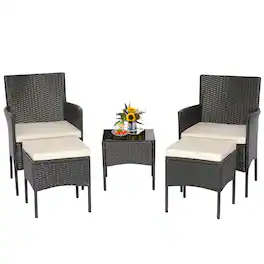Costway - 5PCS Patio Rattan Furniture Set Cushioned Sofa Ottoman Armrest Side Table Garden - Black,Off White