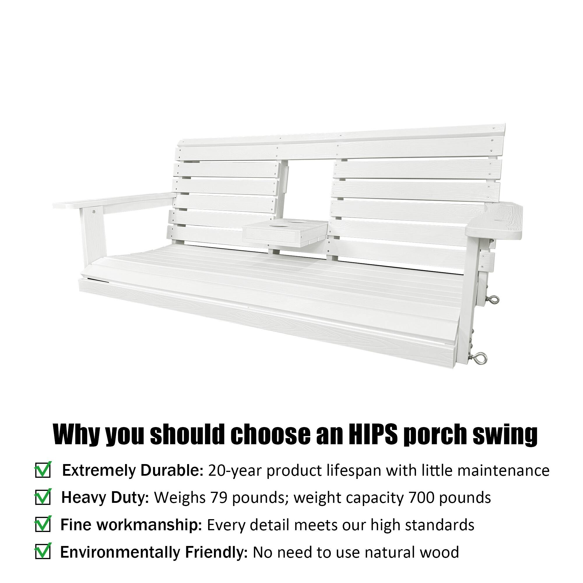Why you should choose an HIPS porch swing

- Extremely Durable: 20-year product lifespan with little maintenance
- Heavy Duty: Weighs 79 pounds; weight capacity 700 pounds
- Fine workmanship: Every detail meets our high standards
- Environmentally Friendly: No need to use natural wood