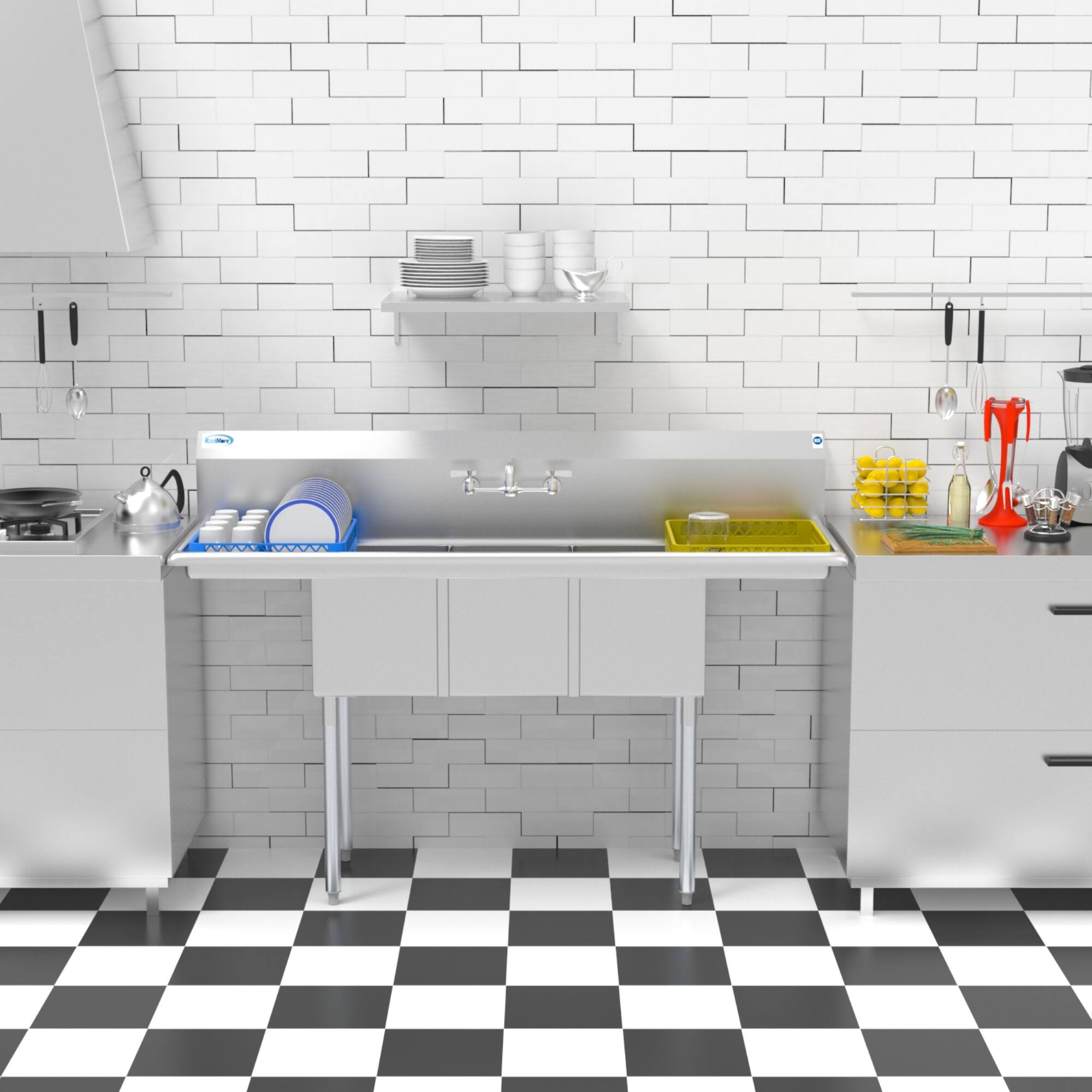 Alt View 7. Koolmore - 60 in. Three Compartment Stainless Steel  Sink With Drainboards, Bowl Size 12"x 16"x 10" SC121610-12B3. - Stainless Steel.