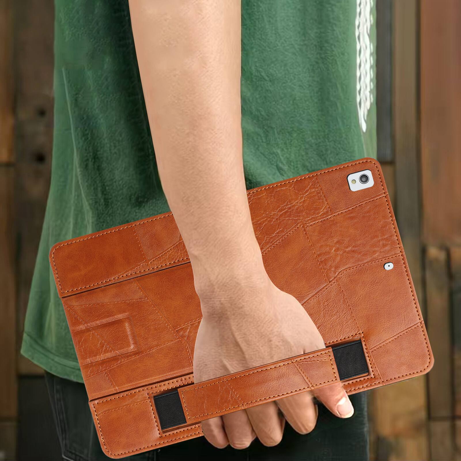 Back. Dteck - Leather Texture Case for Apple iPad (9th Generation) 10.2" 2021, Shockproof Cover with Multi-Angle Stand and Hand Strap - Brown.